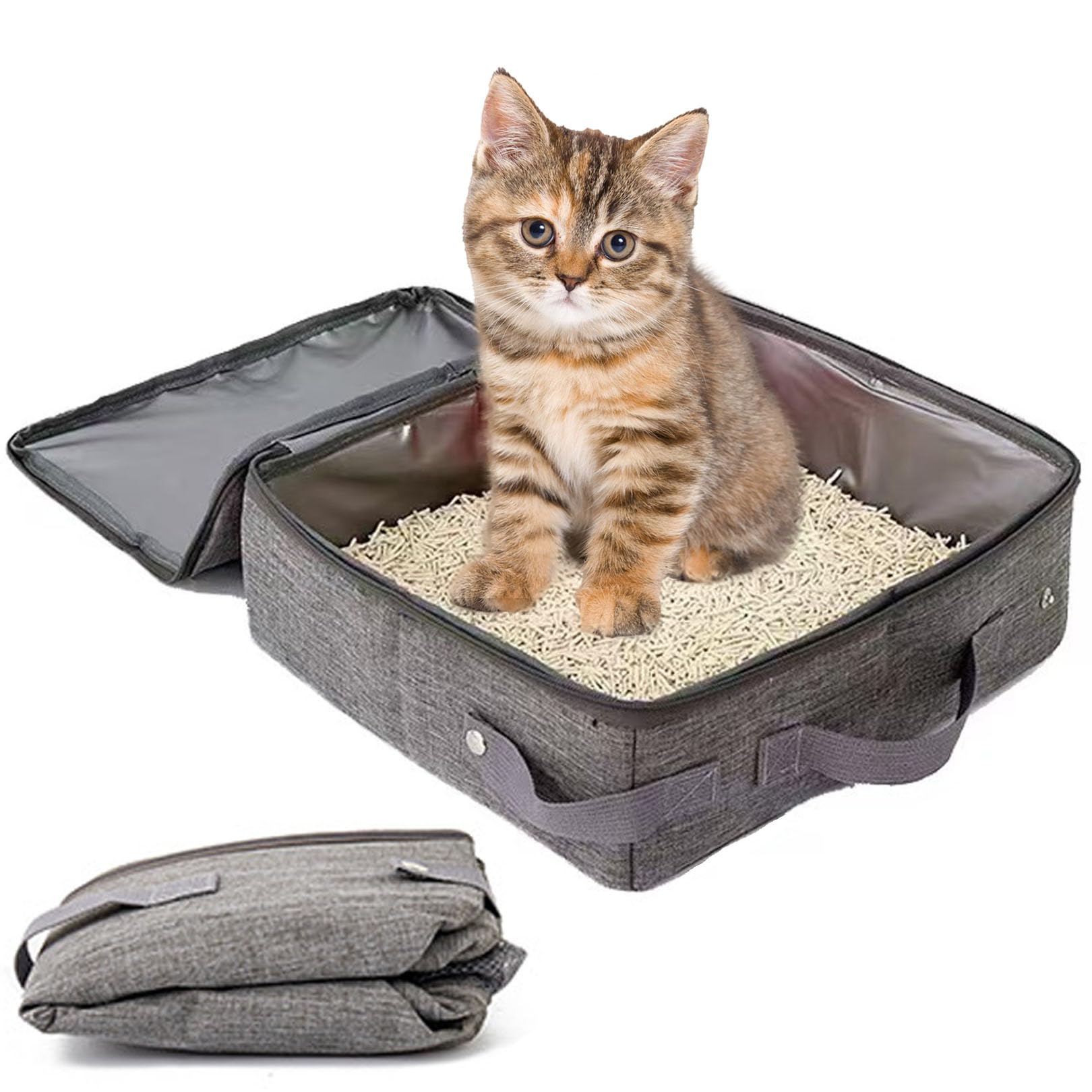 Portable Travel Litter Box for Cats,15.75 x 11.8 x 5.9 inches Foldable Travel Kitty Litter Box with Zipped Lid Easy to Carry, Easy to Use in Hotels,