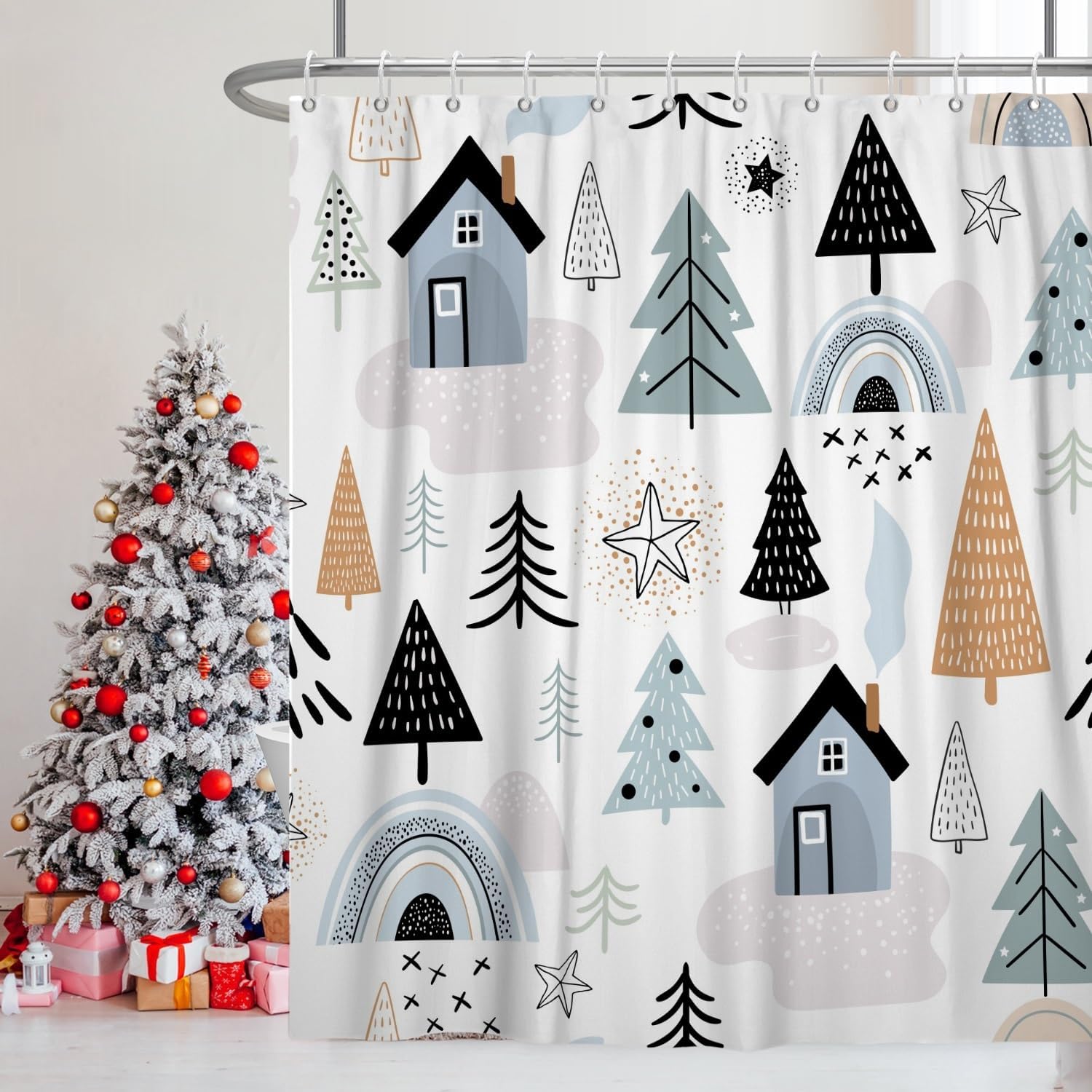 Christmas Decor Shower Curtain for Bathroom 72x72inches Christmas Trees Shower Curtain Set with Hooks Light Blue Black Cartoon X-mas Trees Cottage Waterproof Fabric Shower Curtain