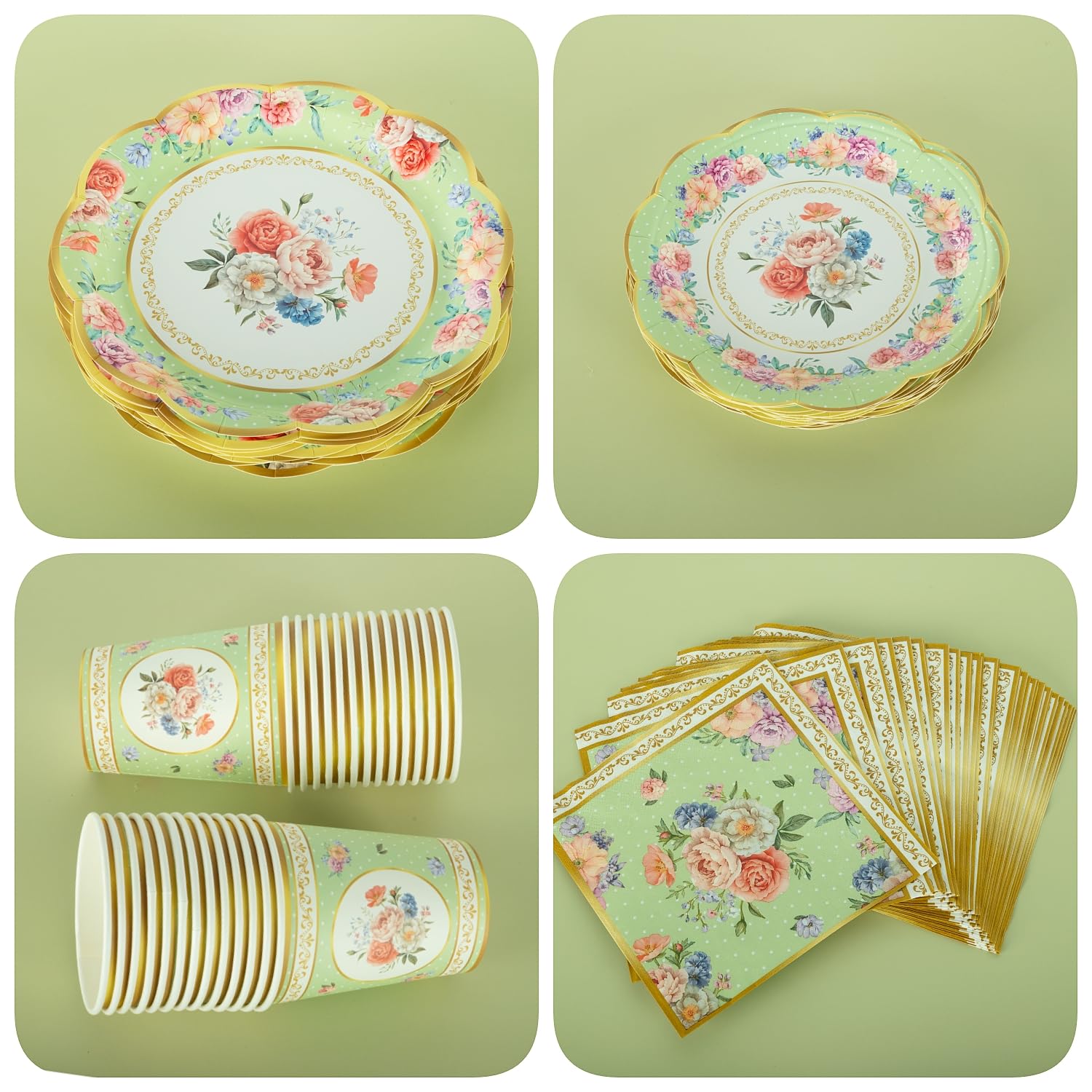 Set da tavola vintage per 30 ospiti, piatti di carta, tovaglioli e tazze da tè, motivo floreale verde, stoviglie di carta in stile britannico classico per giardino, tè pomeridiano, baby shower