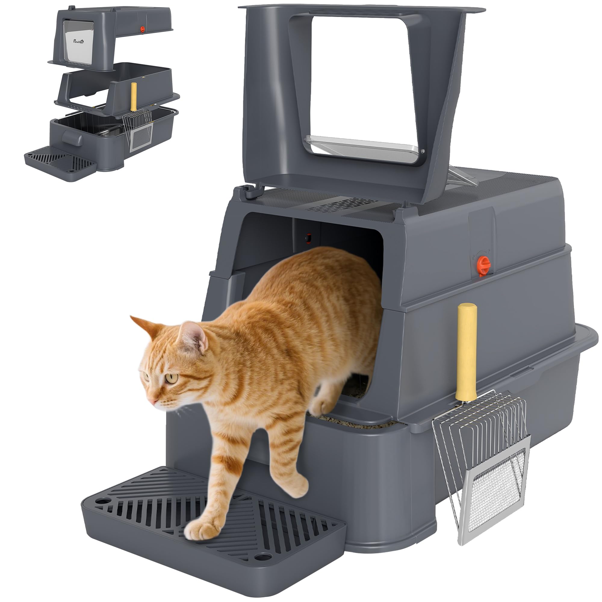 PawHut Lettiera per Gatti Chiusa XXL in Acciaio Inox, 3 in 1 Toilette per Gatti 80L con Coperchio Ribaltabile 180°, Pedale e Paletta, Antiaderente, Antiodore, Facile da Pulire, Grigio Scuro