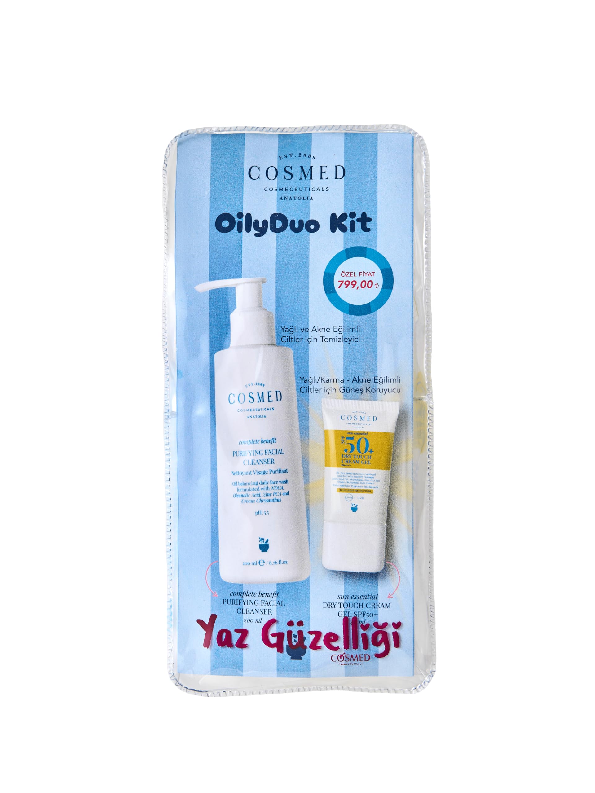 COSMED OilyDuo Kit, Yağlı/Karma Ciltler için Arındırıcı Yüz Temizleyici 200ml ve SPF50+ Güneş Kremi 40ml