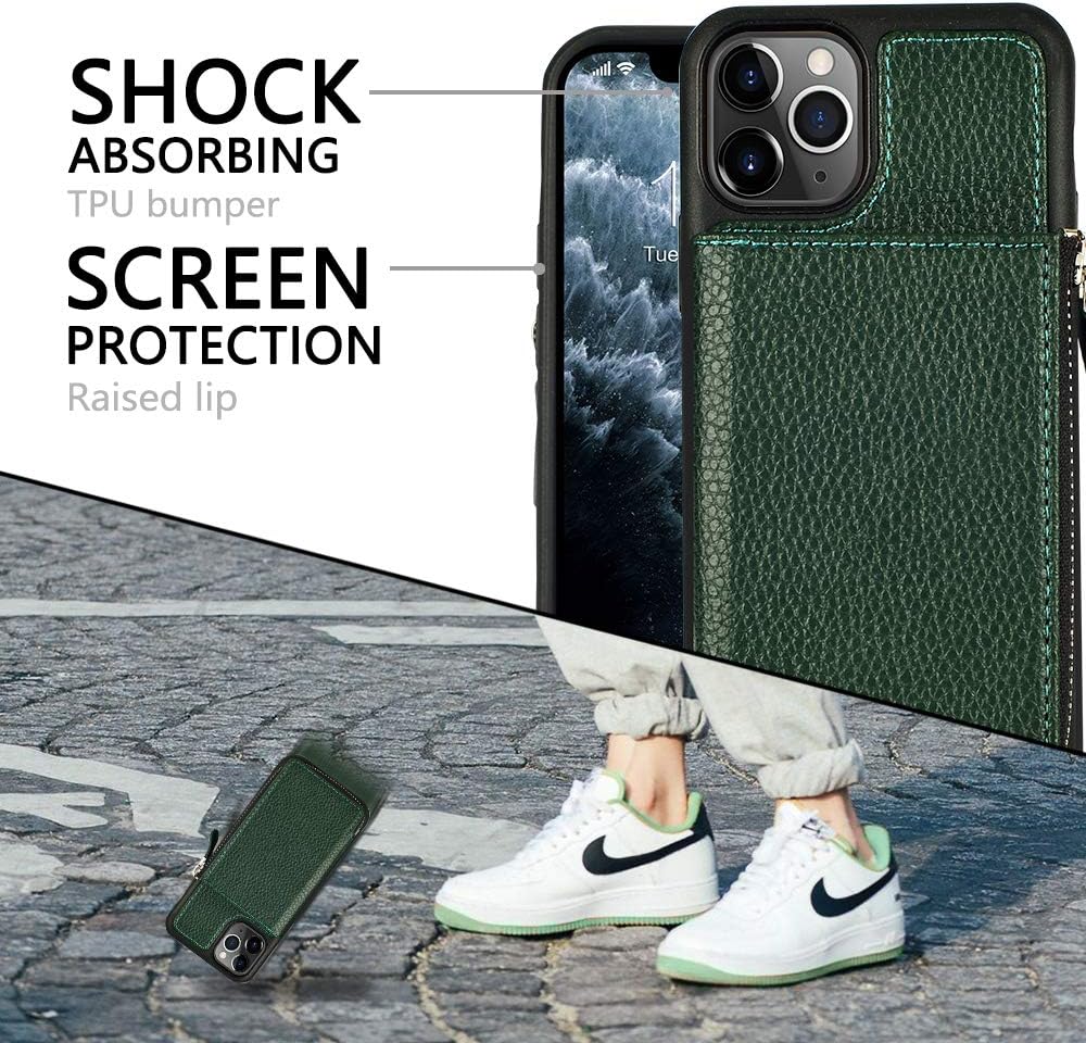 LAMEEKU iPhone 11 Pro Max Wallet Case, iPhone 11 Pro Max Leather Case, Shockproof Apple 11 Pro Max Credit Card Holder Cases with Zipper Wallet, Protective Cover for iPhone 11 Pro Max Midnight Green