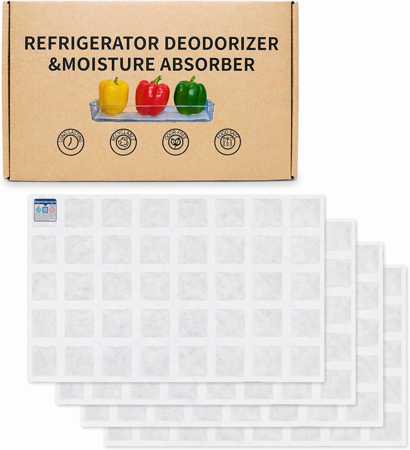 Rechargeable Refrigerator Deodorizer, Unscented Fridge Deodorizer & Moisture Absorber, Odor Eliminator for Fridge & Freezer, Long-Lasting Cut-to-Fit Fridge Shelf Liner (11.8×19.3 in, 4 Pack)
