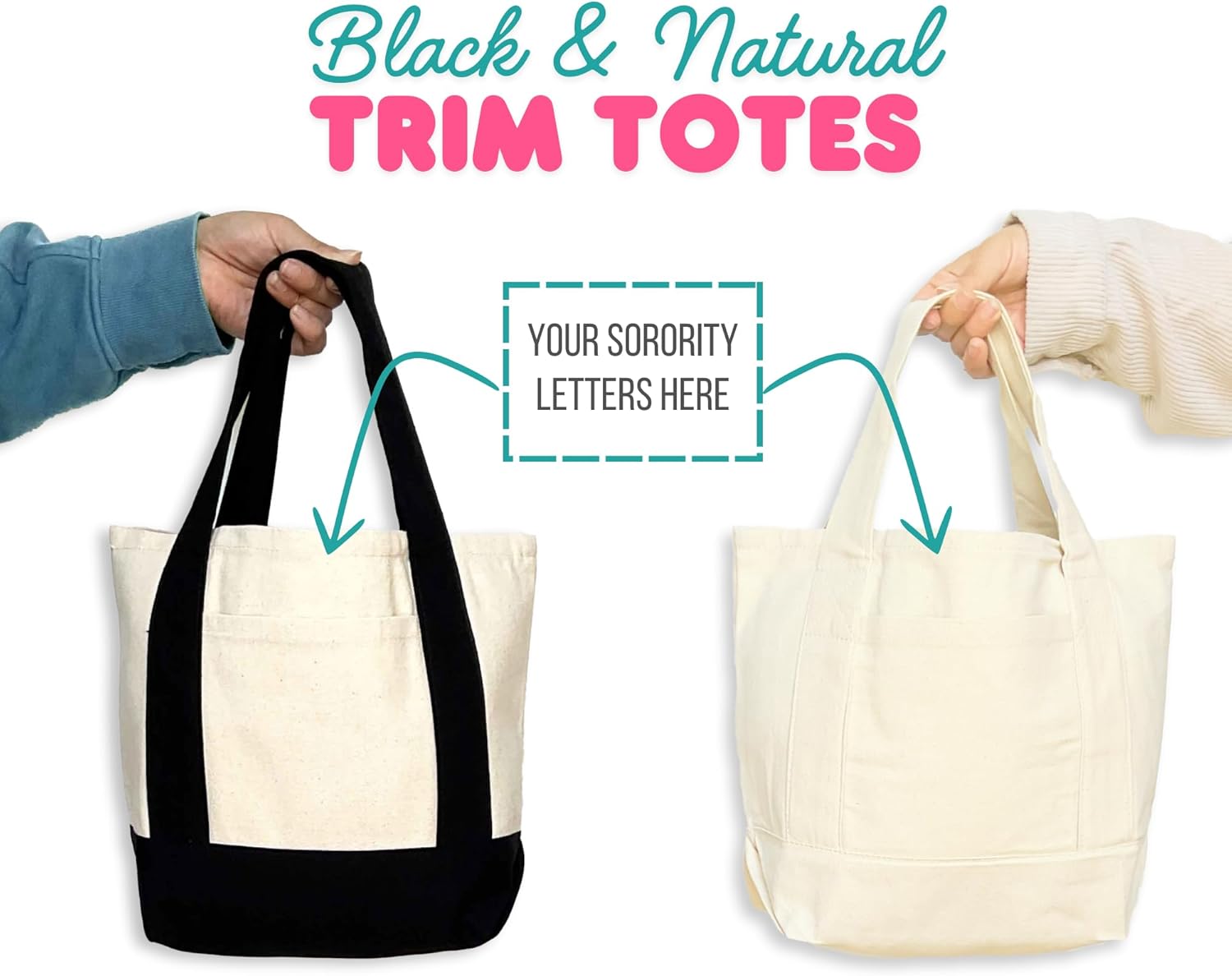 Greek Letters on Small Black Trimmed Natural Tote Bag - 100% Canvas, 14" Handles and Outer Pocket, Perfect for Everyday Use - Image 5