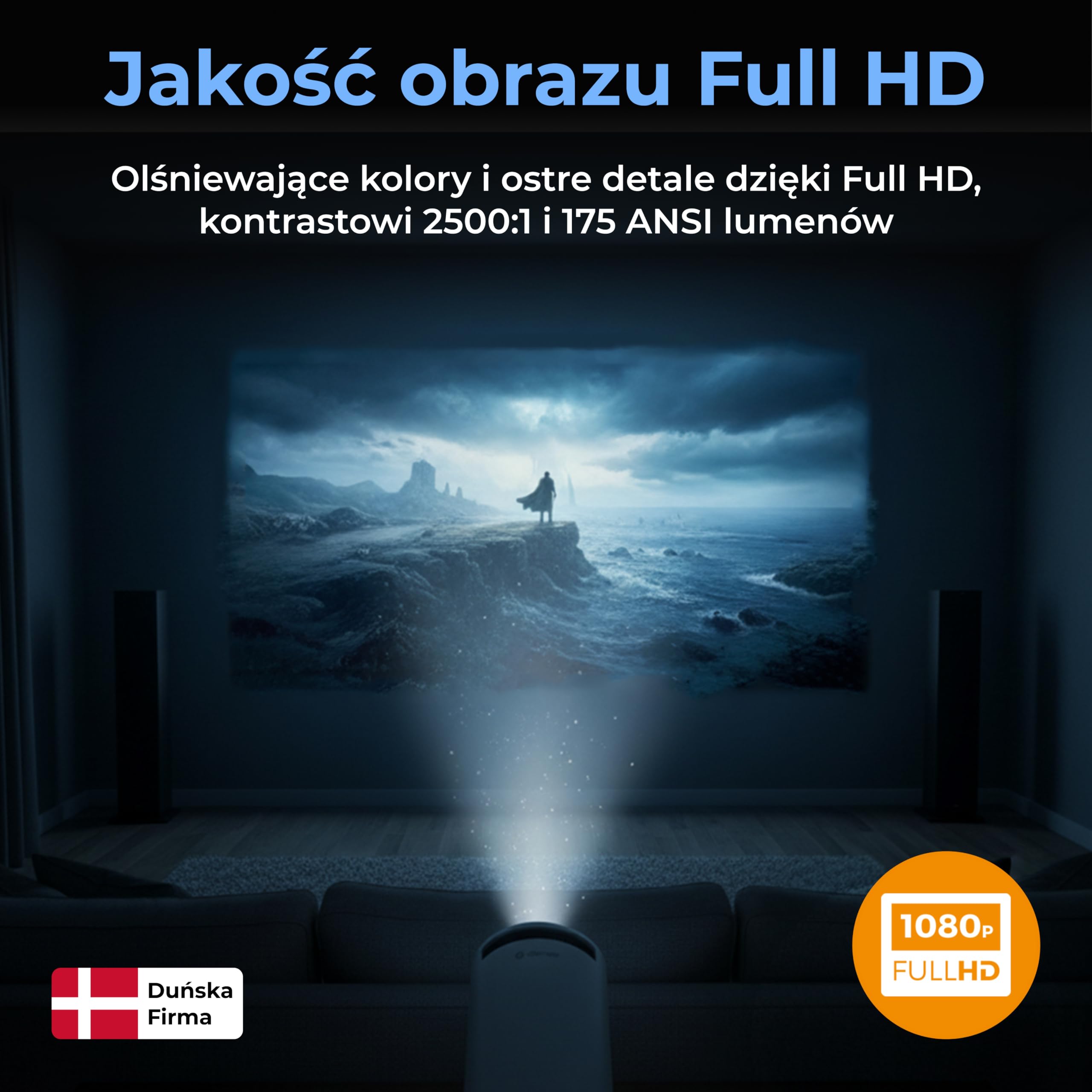 Mini projektor LED Full HD 4K – Bluetooth HDMI USB przenośny projektor do kina domowego, gamingowego telefonu komórkowego – Denver PR-2500 projektor wideo z głośnikiem | Kino domowe obracane o 180°, HDMI i USB-C, przenośne do salonu i sypialni, do 170 cal