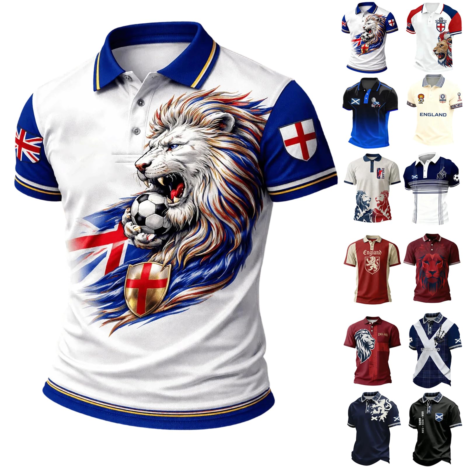 XOLTOAN Men’s England Football Shirt 2026 with Lion Print Collared Short Sleeve Polo Shirt for Supporters of Football Casual National Flag Print Button Down Collar Top Outdoor Sports Shirts 12#Blue L — image 1