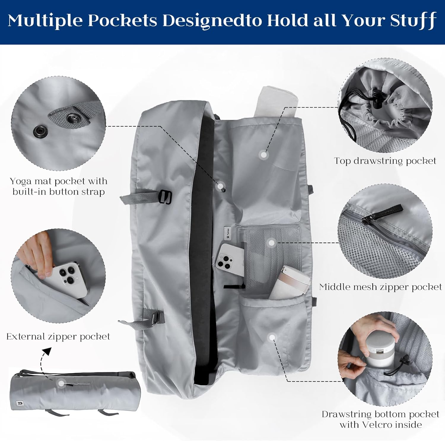 Tumaz Yoga Mat Bag | Padded Adjustable Shoulder Strap | Fits Up to 26" Mats | Multi-Pocket Storage for Essentials | Heavy-Duty G-Hook Closure | Lightweight & Durable for Yoga, Pilates & Fitness - Image 5