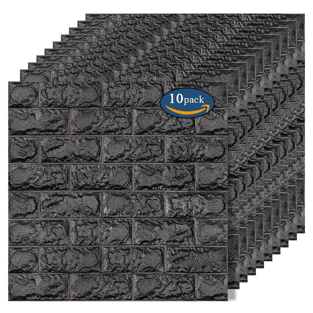 Arthome Black Brick Wall Panels 10 Pcs Covers 38.7 Sq.ft,Peel and Stick 3D Wallpaper,Self Adhesive Waterproof Foam Faux Brick for Living Room,Bedroom,Laundry,Kitchen,Fireplace,TV Wall Decoration