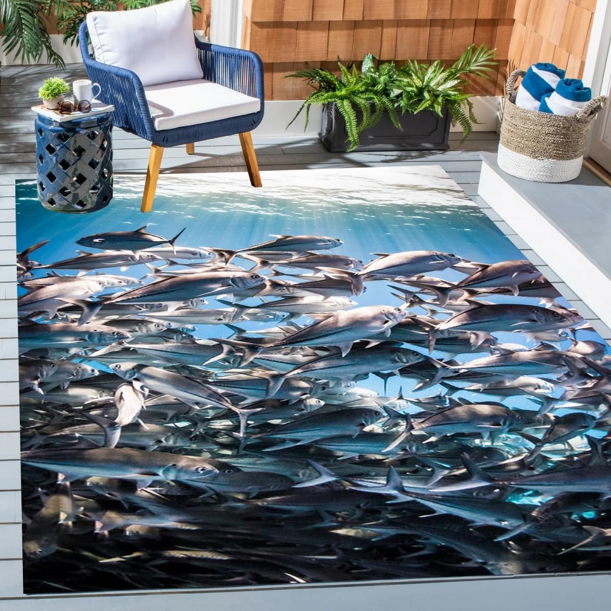3D Seabed Shoal Area Rug 5x8 Navy Underwater World Rugs for Living Dining Room Washable Non Slip Kitchen Laundry Bathroom Carpet Indoor Outdoor Floor Rugs