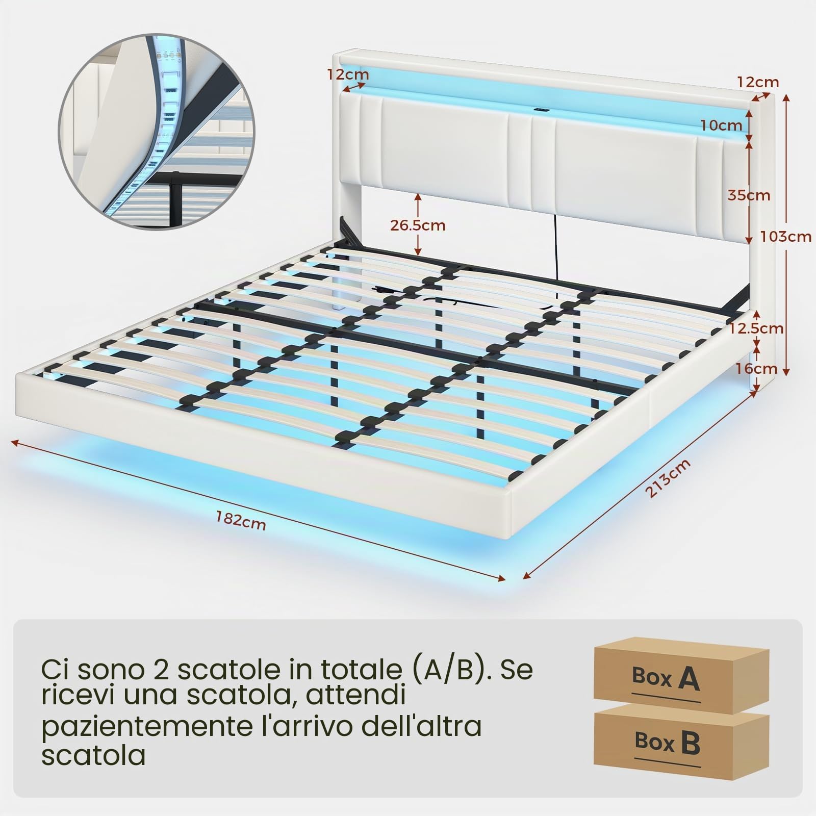 KIMENICH Letto 180 x 200 cm, Struttura Letto con Illuminazione a LED, Stazione di Ricarica, Effetto Visivo Galleggiante, Struttura del Lettos con Rete a Doghe, per Camera da Lettos, PU bianca