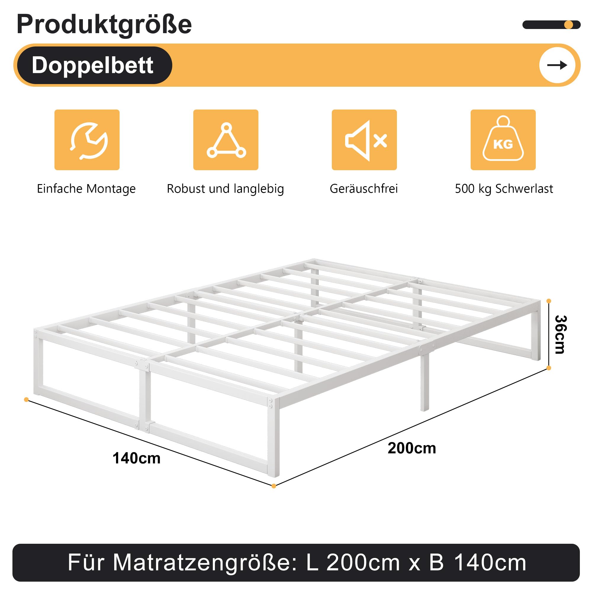 Yicensen Metallbett 140x200 cm mit Lattenrost Metall, 35cm Höhe Bettrahmen Doppelbett Stabiles Leichte Montage, Weiß