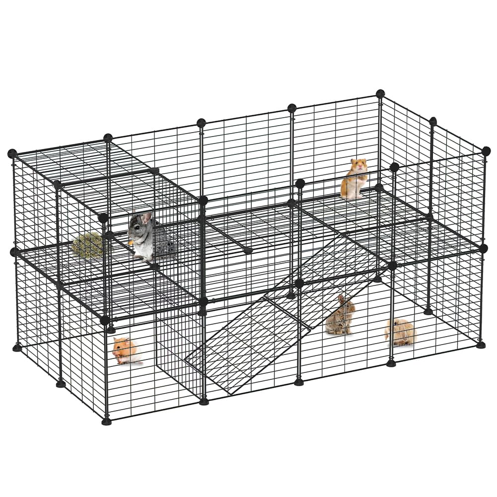 BAKAJI Clôture pour Animaux de Petite Taille Personnalisable en métal, clôture modulaire pour cochons d'Inde, Hamsters, Lapins, Chinchilla, pour intérieur et extérieur (143 x 71 x 46 cm, 2 étages)