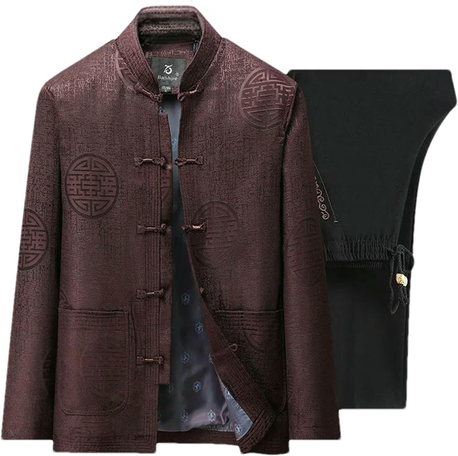 JXQXHCFS Men’s Traditional Chinese Tang Suit 2-Piece Set Mandarin Collar Frog Button Jacket Pants Tai Chi Kung Fu Outfit
