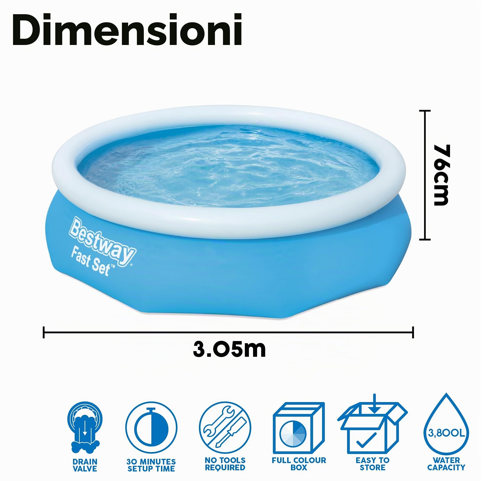 Bestway Fast Set Pool 305m x 76cm - blue - Above Ground Pools (Inflatable pool, Round, 3638 L, Blue, PVC, 2 person(s))