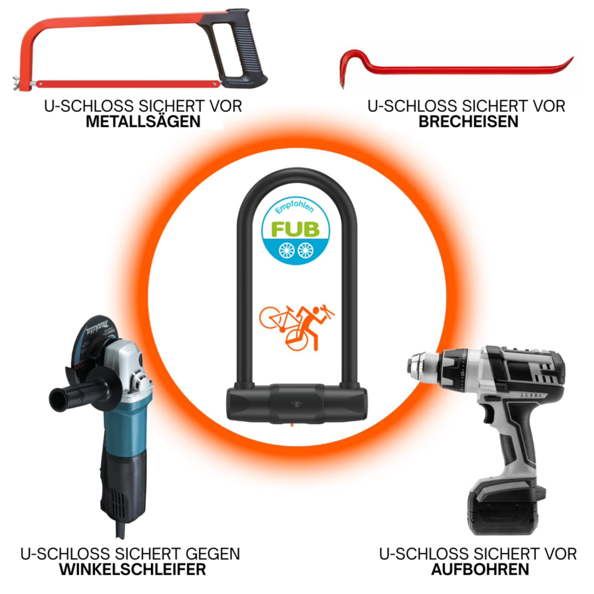 CASR Antivol U XL Fahrradschloss, Fahrradschloss hohe Sicherheit – FUB 2 & ART 4 zertifiziert, Bügelschloss E-Bike, Moto, Roller, 15mm Stahl, 1,7 kg, 23,3cm Bügel, 2 Schlüssel, Schwarz