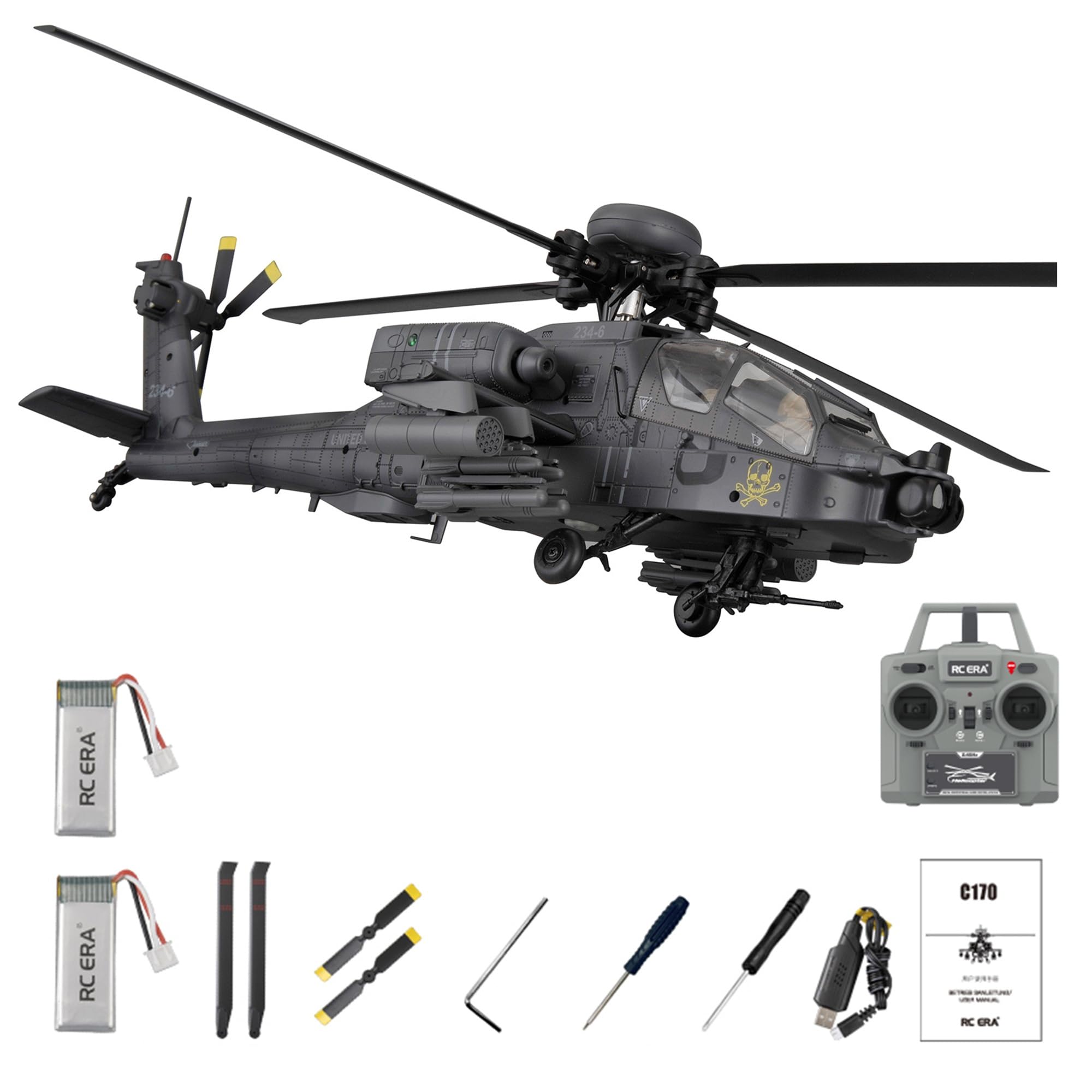 Elicottero RC C170 AH-64D scala 1/48 elicottero radiocomandato flybarless a 6 canali 2.4G con posizionamento a flusso ottico TOF mantenimento dell'altitudine 2 batterie - RTF(Gray)
