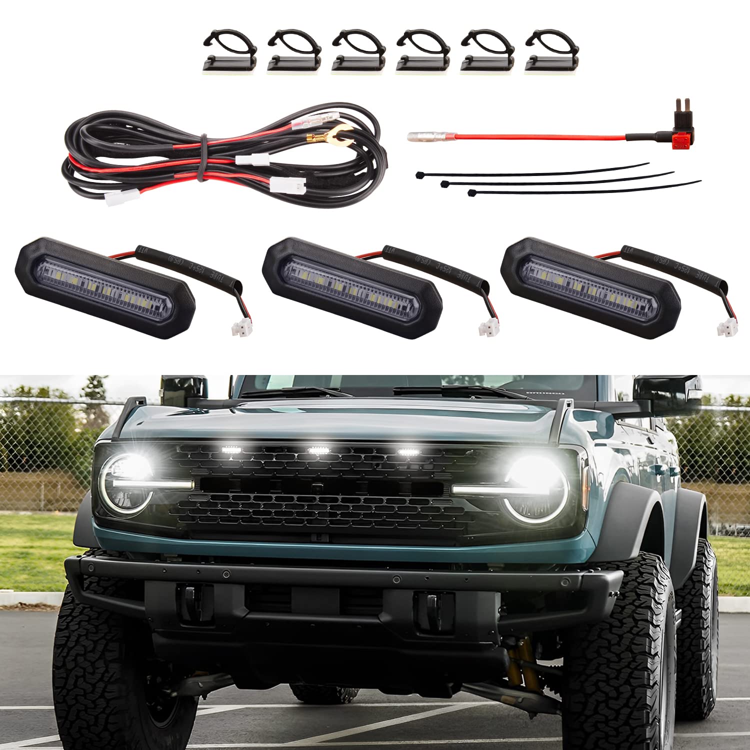 AUXLIGHT 3-PCS LED Grille Lights for For-d Bronco 2021-2023 Badlands/Wildtrak/Everglades Accessories, 2/4-Door OEM Grill Lights with Fuse & Wiring Harness (White)