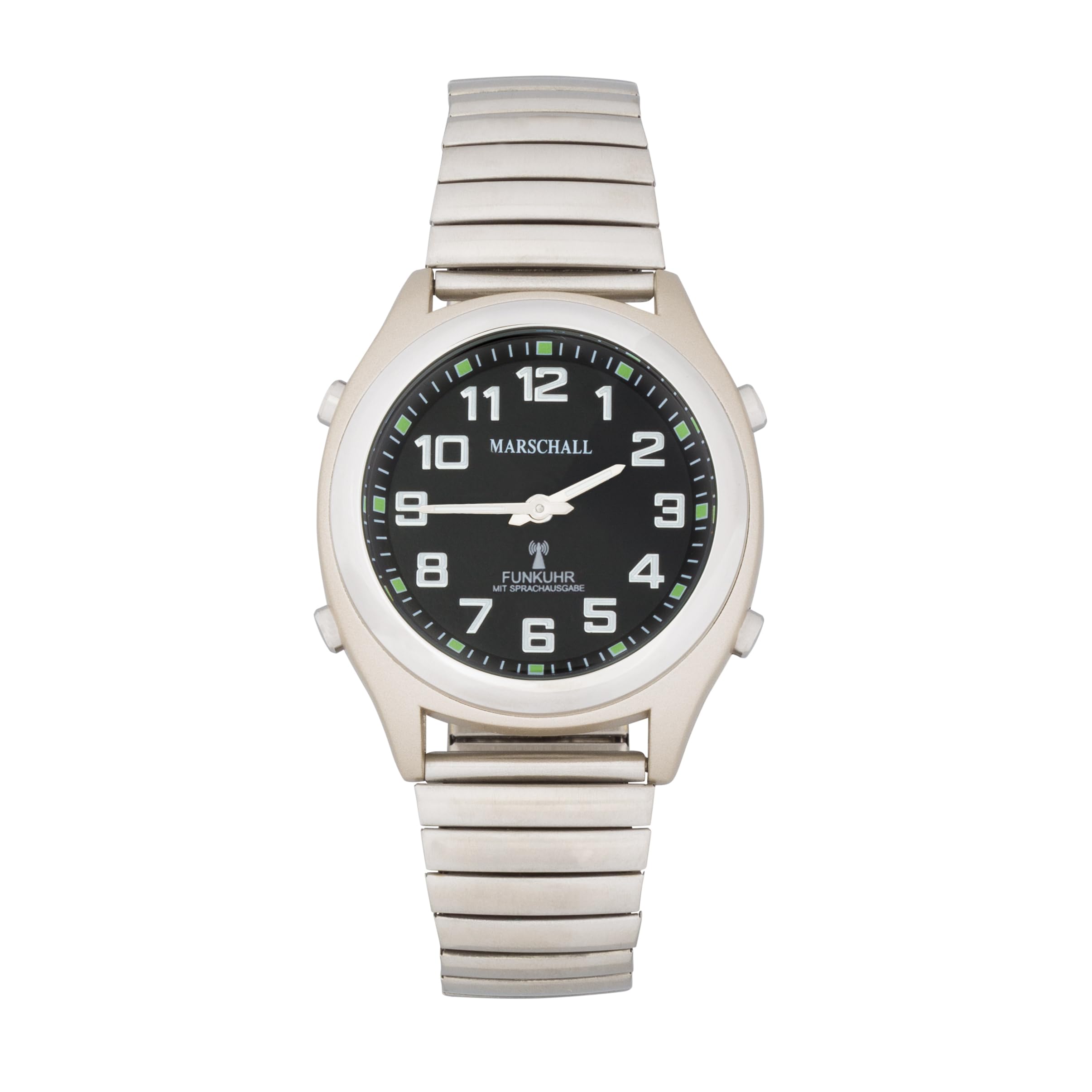 Marschall Deutsch sprechende Herren und Damen Armbanduhr I 1130V I Funkarmbanduhr I Für Blinde, Senioren und Sehbehinderte I Datum- und Zeitansage I Silbernes Zugarmband
