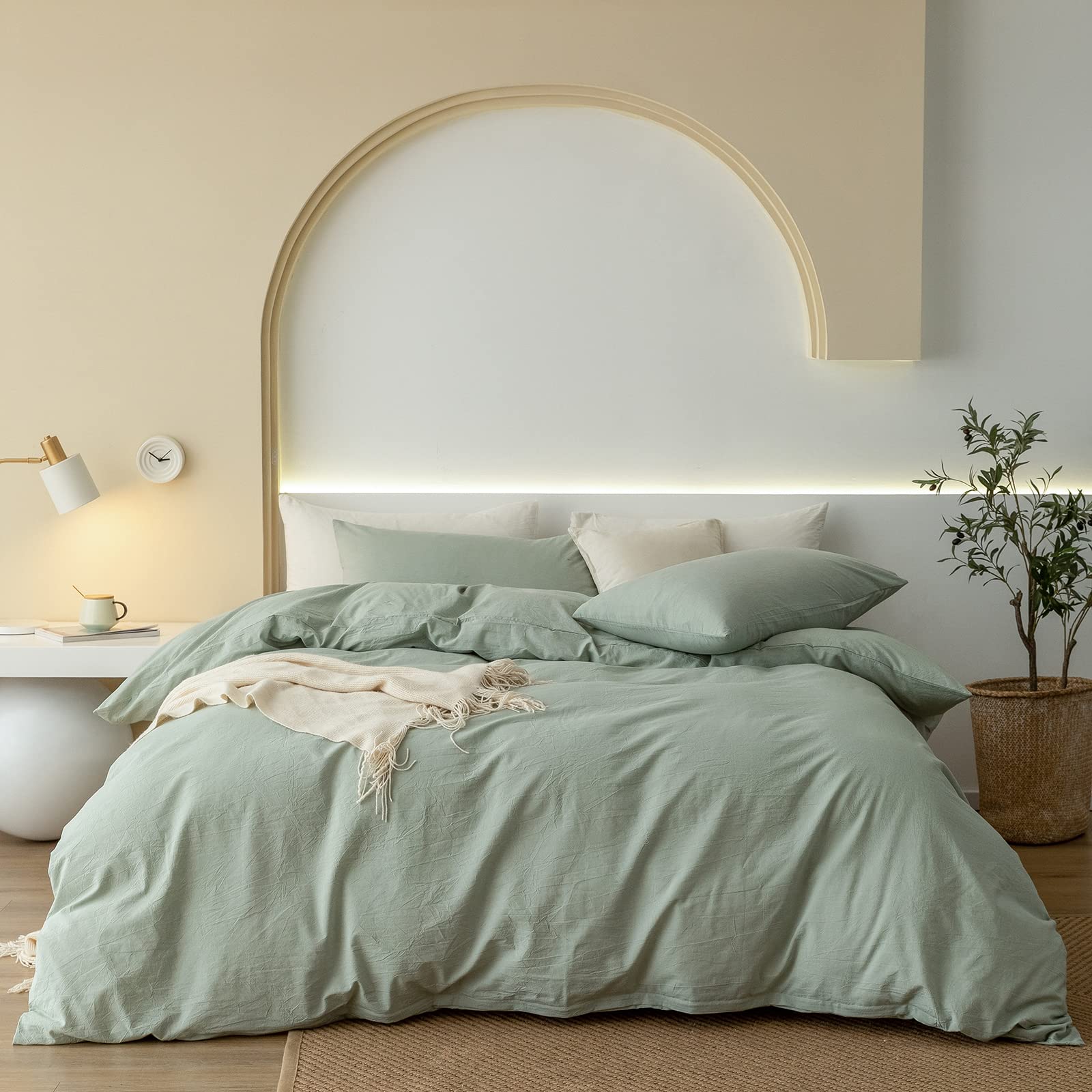JIYUAN 100% Washed Cotton Duvet Cover Set Comfy Simple Style Soft Breathable Textured Durable Linen Feel Bedding for All Seasons Queen Size,Solid Sage Green