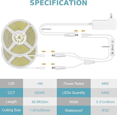 Miniatura 6 de COB - Tira de luz LED con control remoto, 65.6 pies, regulable, 6500 K, tira de luces LED blancas superbrillantes, tira de luces LED flexibles de 24