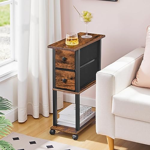 Miniatura 9 de HOOBRO Mesa auxiliar pequeña y estrecha con estación de carga, mesa auxiliar delgada para espacios pequeños, mesita de noche delgada con salida de