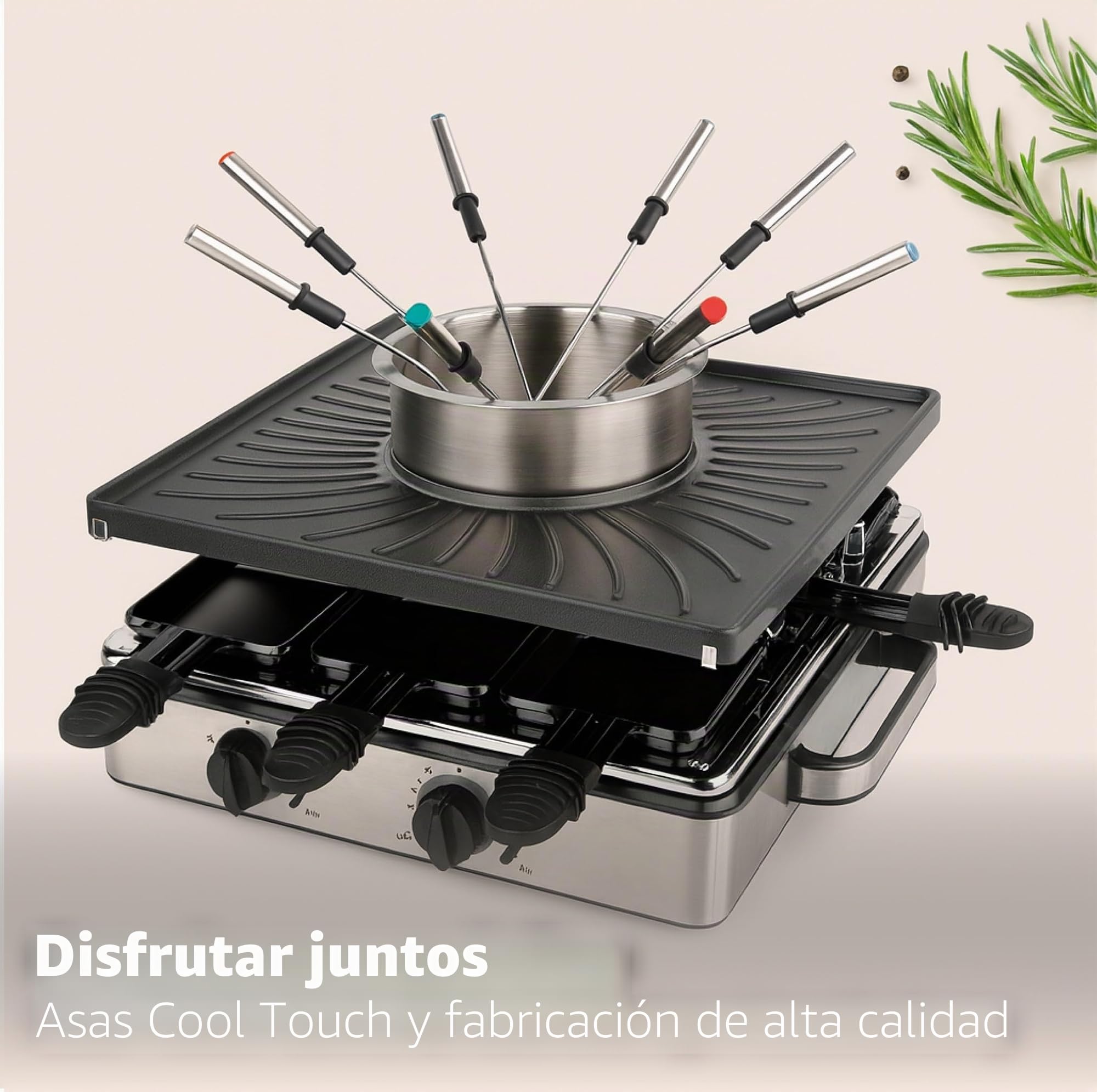 Set de fondue y raclette para 8 personas con sartenes y raspador - Inoxidable y regulable (Set de fondue)