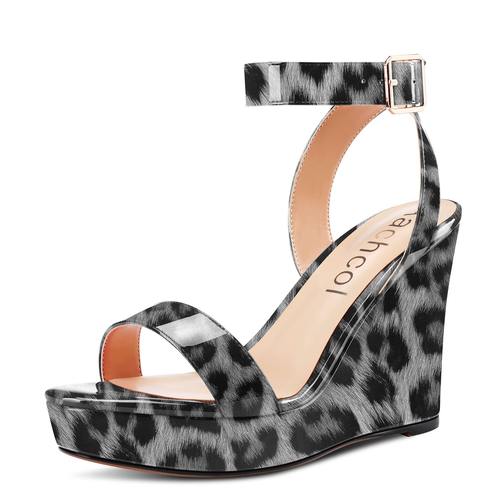 Aachcol Women Platform Wedge Sandals Round Peep Open Toe Ankle Strap Slingback Two-Piece Chunky Block High Heel Dress Shoes Pumps Party Patent 4 Inch