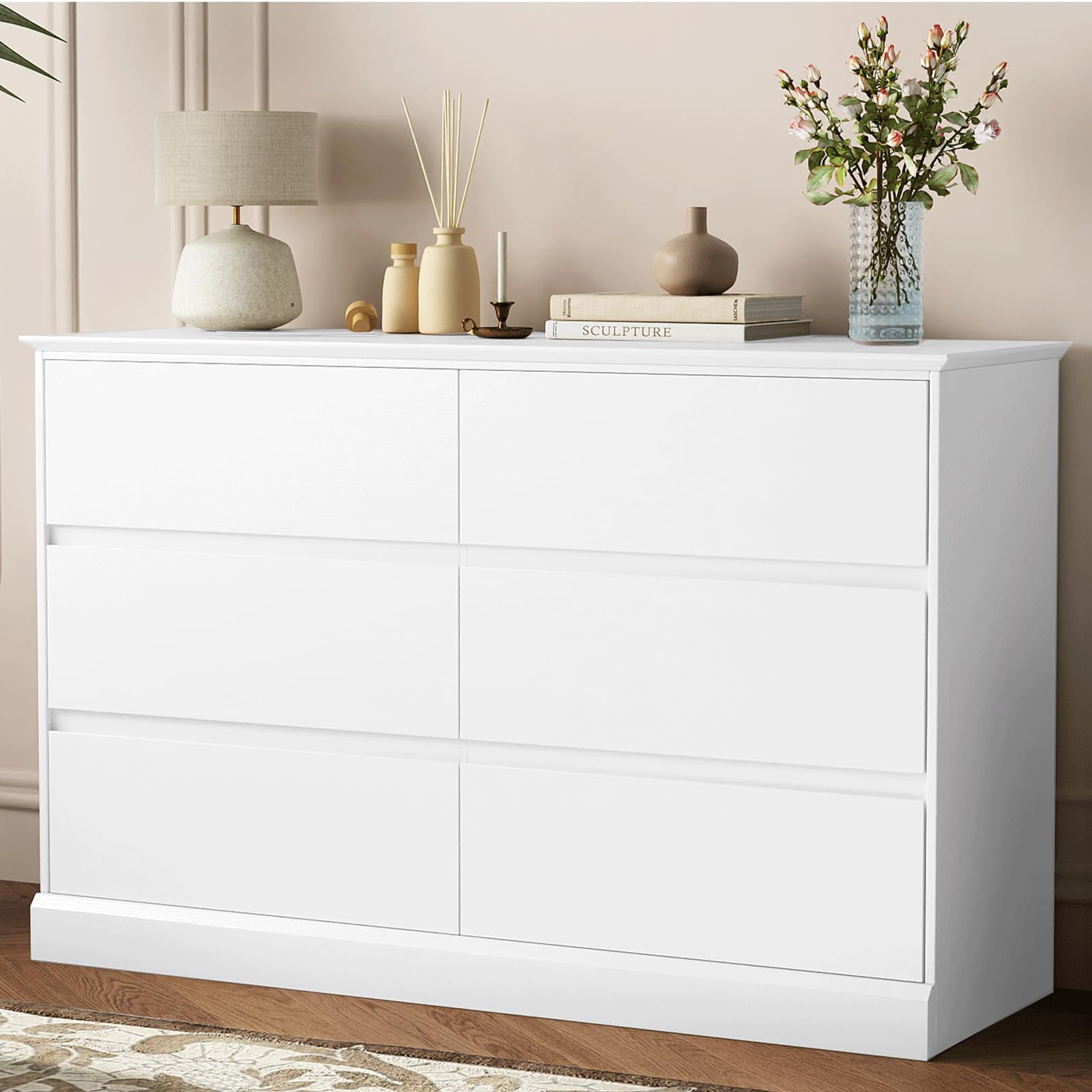 Seeday White Dresser, 6 Drawer Dresser for Bedroom, Modern Wooden Closet Dressers for Living Room, Entryway, or Hallway, Light White