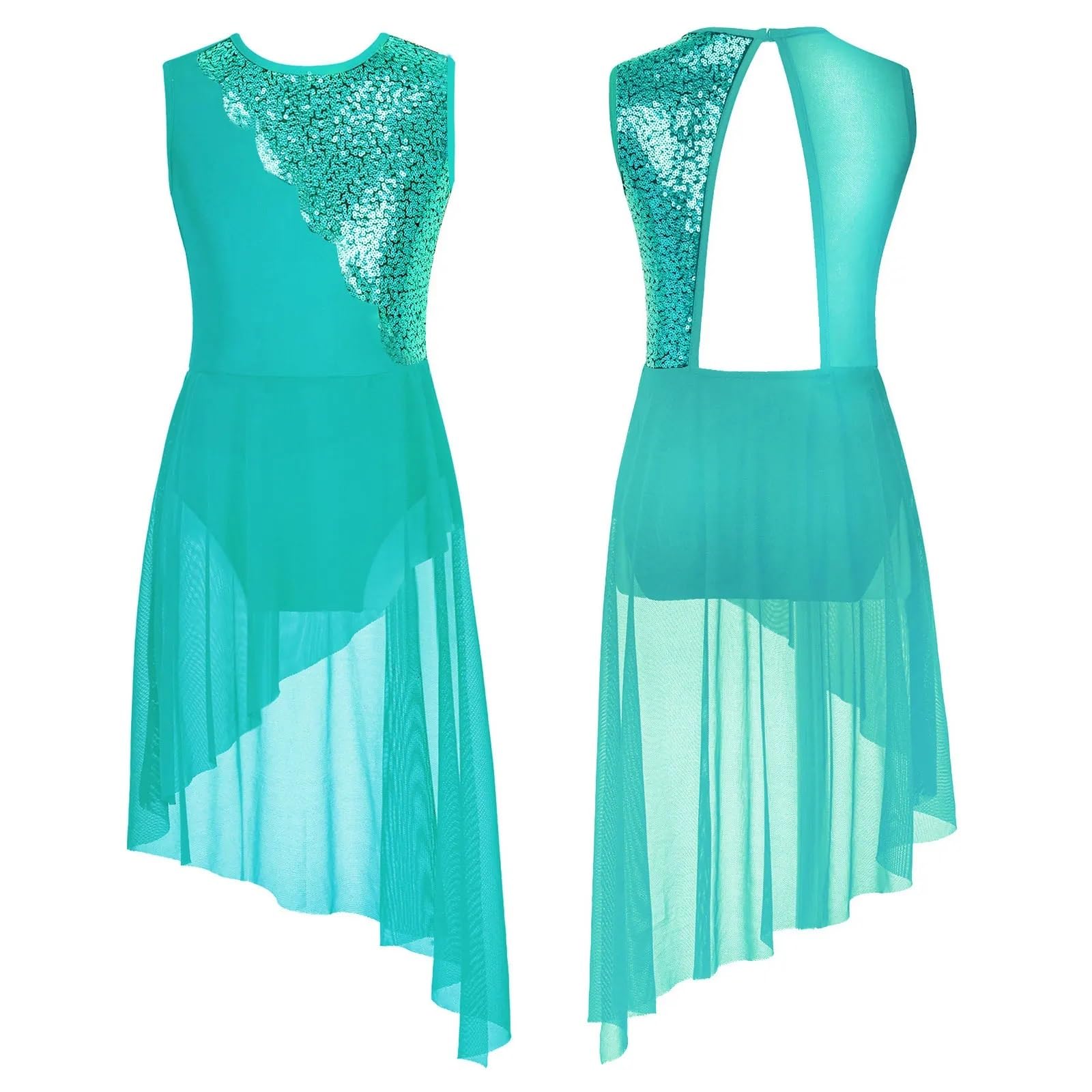 HWJFDC Modern Ballet Costumes Sequins Lyrical Dance Dress For Kids Girls Sleeveless Sheer Chiffon Irregular Hem Modern Contemporary Ballet Leotard Costume(Green,12)
