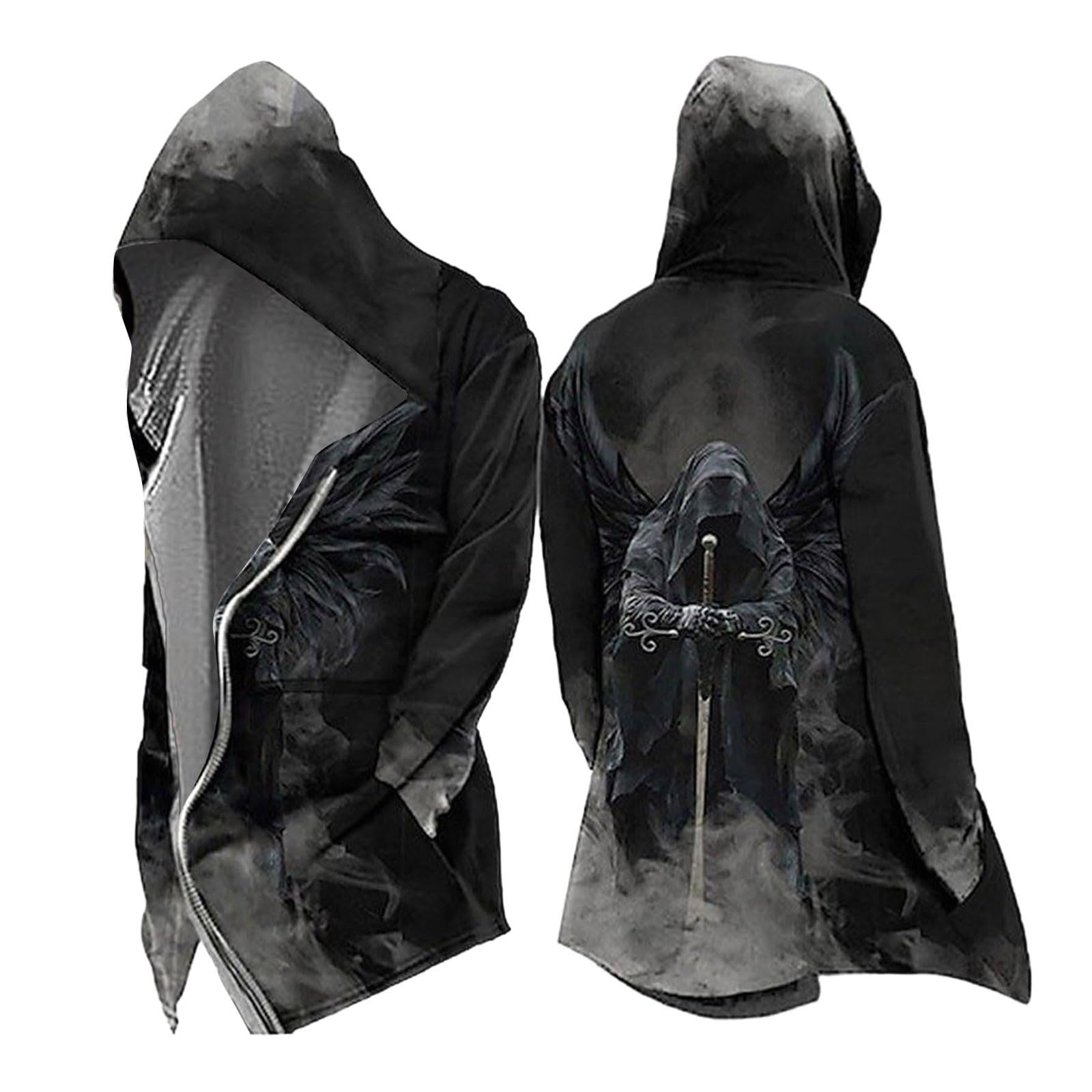 Celanisai Medieval Clothing Men's Halloween Costume Viking Hoodie Odin Myth Jacket Assassin's Creed Cosplay Coat Scandinavia Cape for Cosplay Carnival Biker Jacket, O Black, XL โ image 1