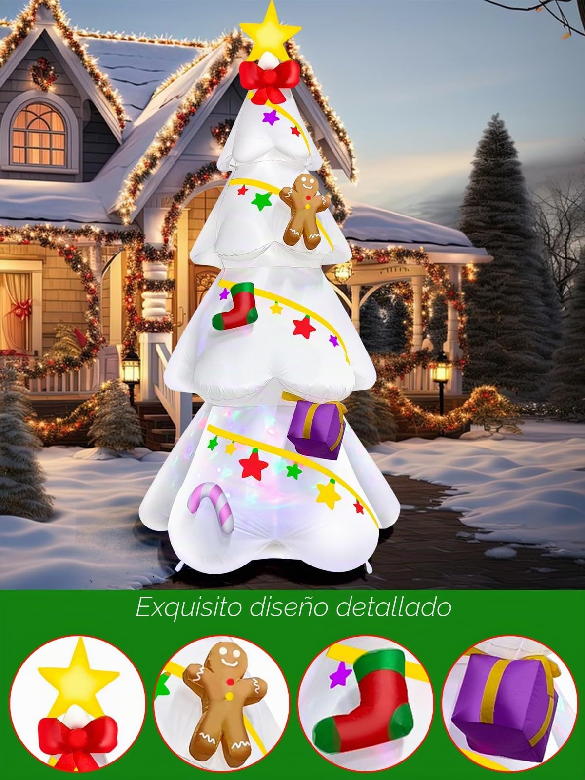 EBANKU Árbol de Navidad inflable blanco de 9 pies con caja de regalo, decoración interior para el hogar, familia, patio, césped