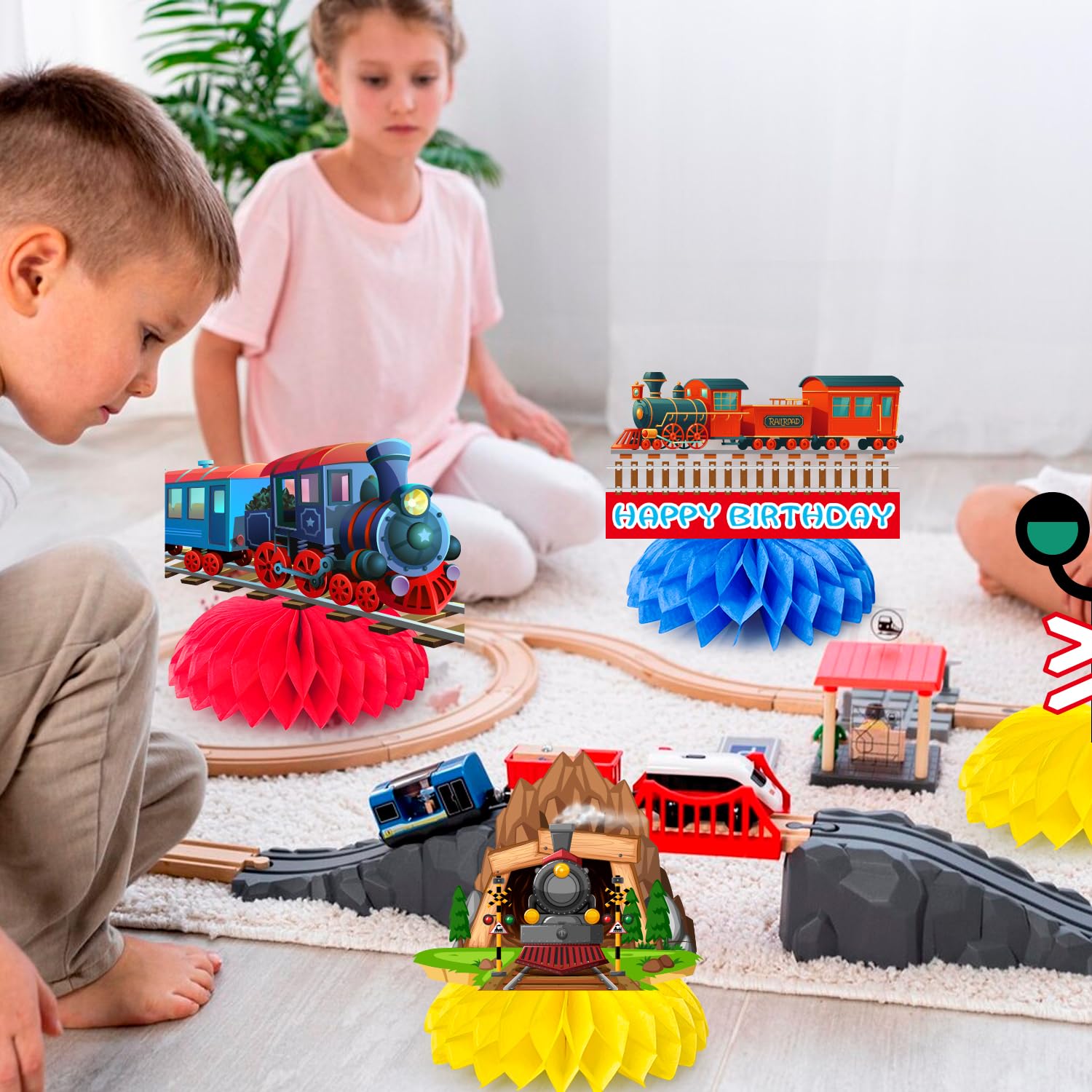 Set Di Forniture Per Feste Di Compleanno Per Treno - Decorazioni A Tema Blu Giallo Rosso Con Ghirlanda, Bandiera Di Compleanno Del Treno, Palloncini Ferroviari, Decorazioni Per Cupcake Ferroviari Per