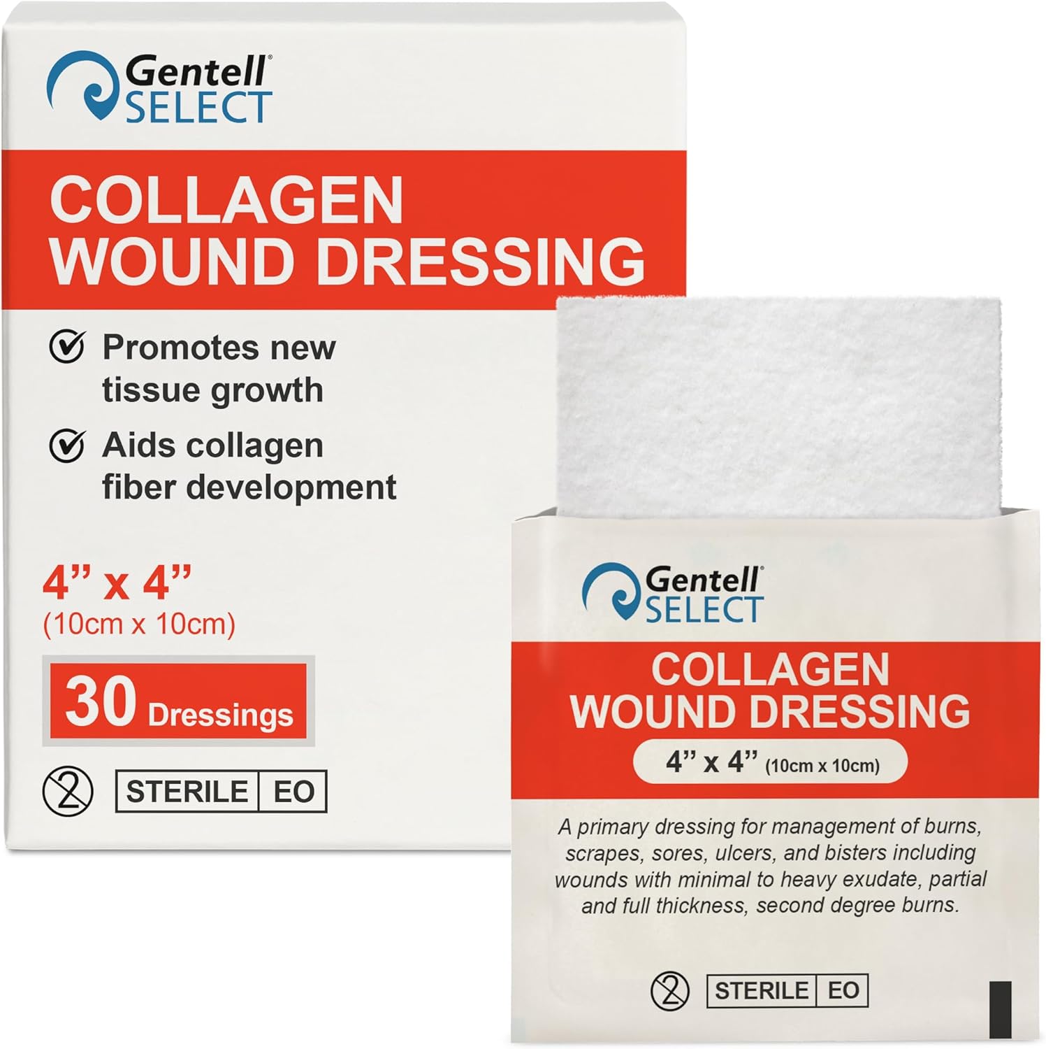 Collagen Wound Dressings 4"x4" - 30 Collagen Pads for Burns, Scrapes, Blisters, and More - for Minimal to Heavy Exudate and Partial to Full Thickness Wounds