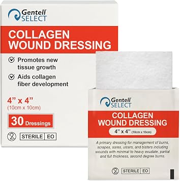 Collagen Wound Dressings 4"x4" - 30 Collagen Pads for Burns, Scrapes, Blisters, and More - for Minimal to Heavy Exudate and Partial to Full Thickness Wounds