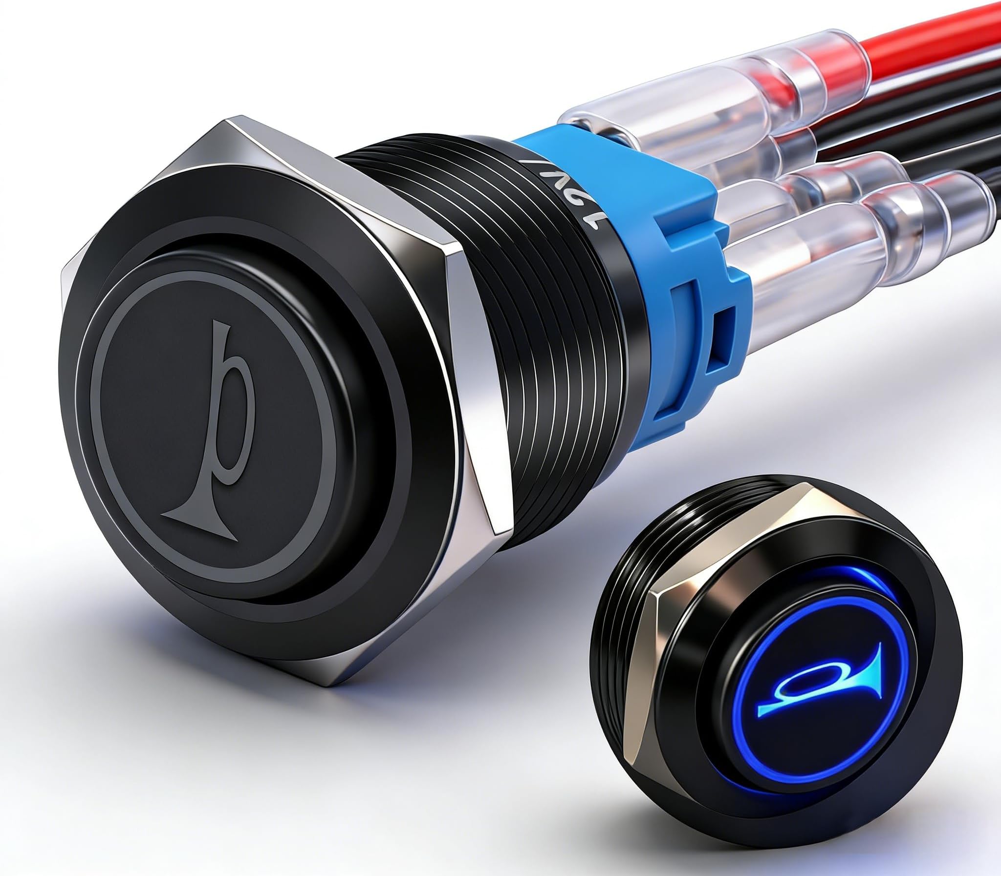 Twidec/16MM Raised Speaker Horn Momentary Push Button Switch 5/8" Mounting Hole 12V Blue Led Light Black Stainless Steel Shell 1NO 1NC SPDT with Pre-wiring Wires Switch For Car Modification BKG16LB-BU