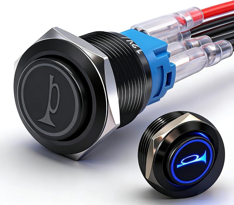 Interruptor de botão momentâneo Twidec 16 mm com LED azul, 12 V e 5 pinos – 1 unidade