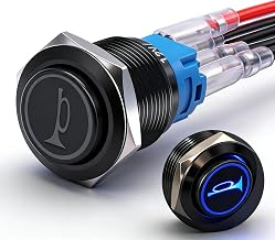 Twidec/16mm Horn Button Switch 12VSpeaker Horn Momentary Push Button Switch | 5/8" Mounting Hole Blue Led Light Black Stainless Steel Shell 1NO 1NC 20A SPDT with Pre-Wired for Marine Boat Auto Car Train