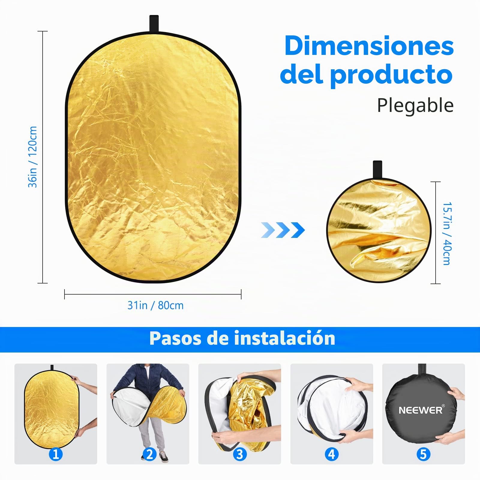 Neewer 5-in-1 Reflector de luz professional, plegable multi discos ovalado (80 x 120 cm) translúcido, plateado, negro, dorado y blanco