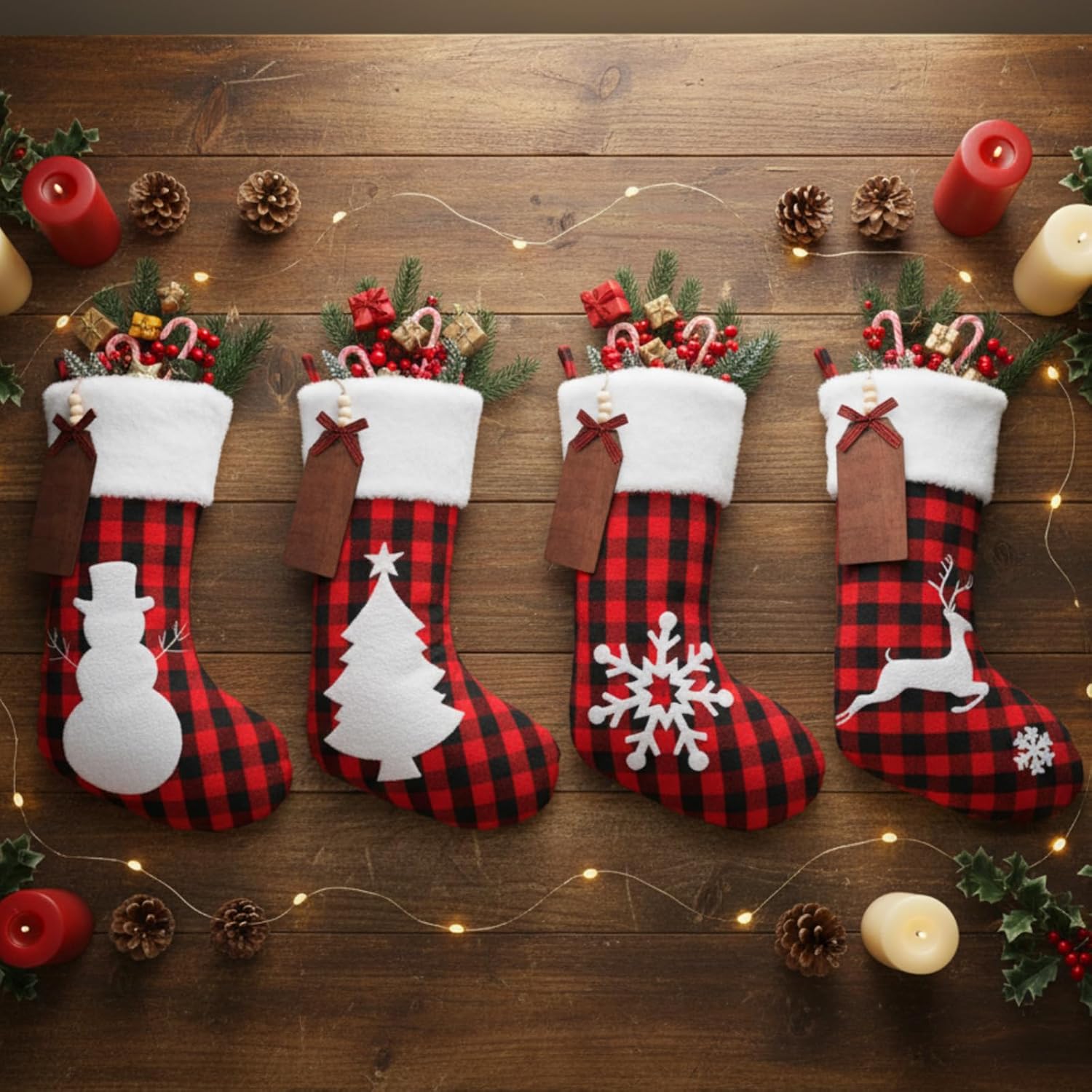 Aoriher 4 Sets Christmas Buffalo Plaid Stockings with DIY Wood Name Tags, 18 Inch Large Xmas Stockings Hanging Decorations with Tags for Christmas Fireplace Decor(Pattern,Red Black A)
