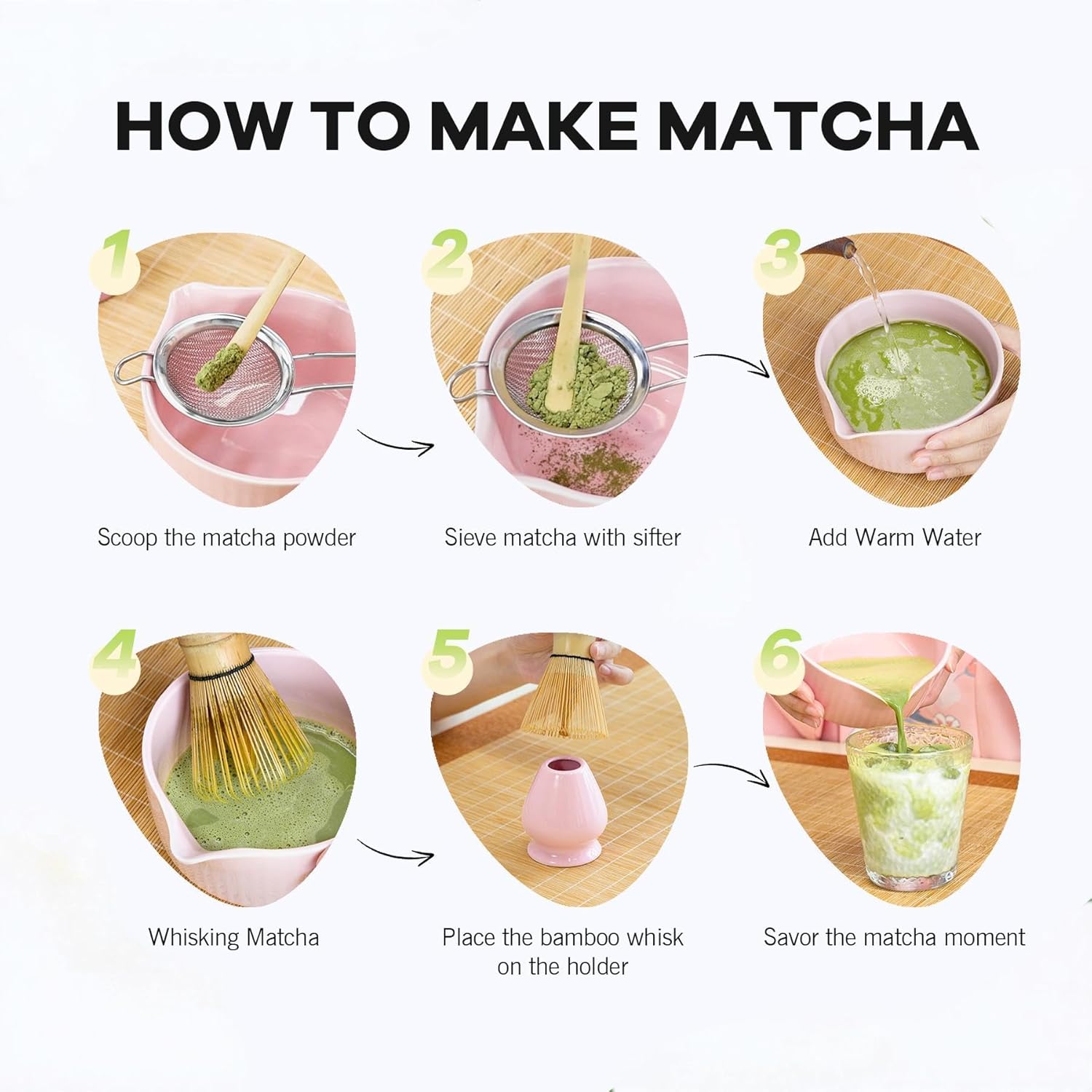 Pink Traditional Matcha Whisk Set, 5 Pcs Japanese Matcha Kit with Chawan Ceramic Bowl with Spout, Chasen Bamboo Whisk and Holder, Scoop, Sifter - Matcha Set Kit Gift for Ceremony Matcha Lattes Lover - Image 7