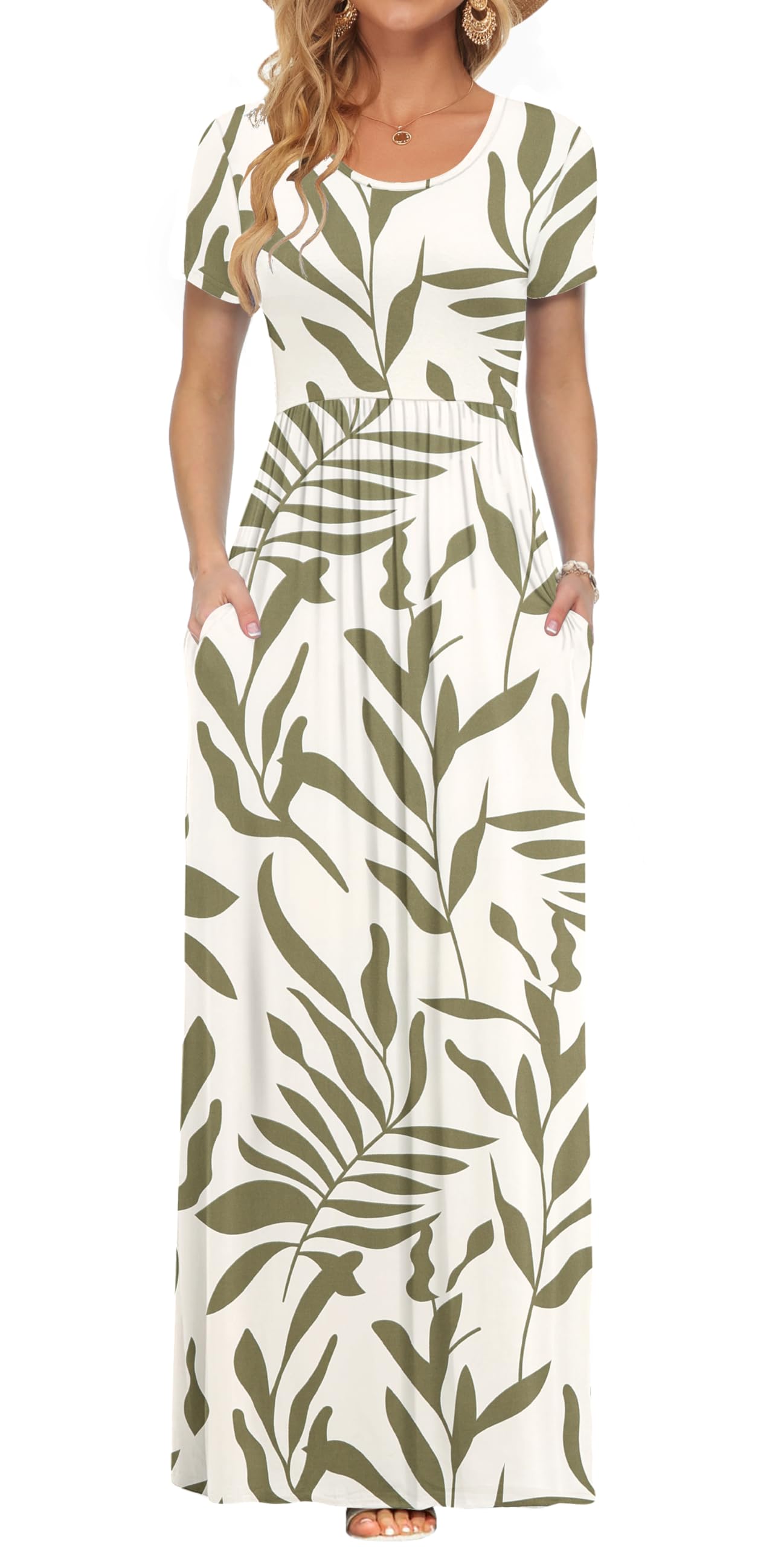 AUSELILY Women's Summer Short Sleeve Loose Plain Casual Long Maxi Dresses | Year Round wear solid floral print, Casual wear, Empire waist, Floor length, Side pockets