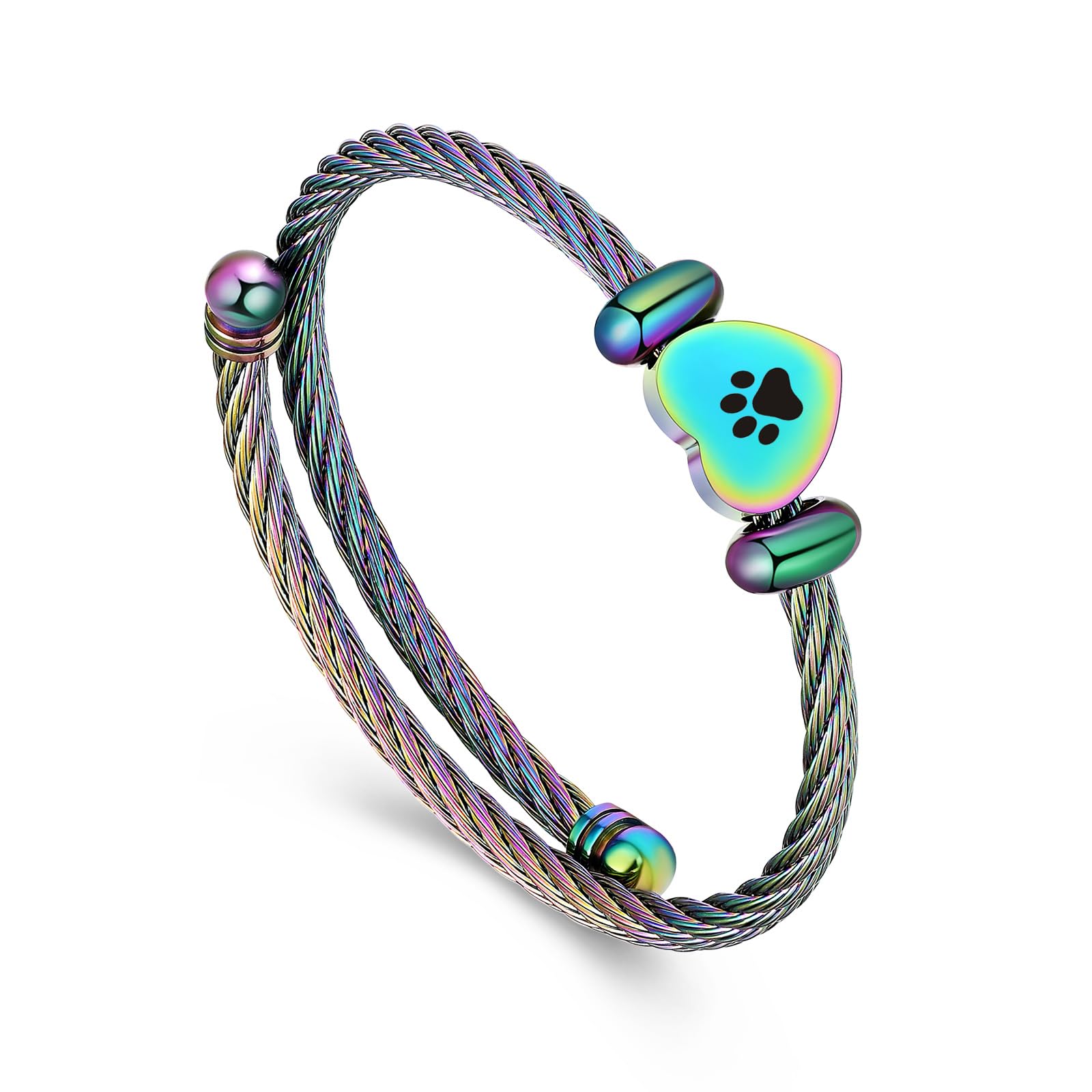 QGJNSGC Cremation Bracelet for Ashes Memorial Jewelry Stainless Steel Pet Paw Heart Shape Urn Pendant Bangle Loved Ones Funeral Ashes Holder Keepsake Gift (Rainbow Heart Paw)