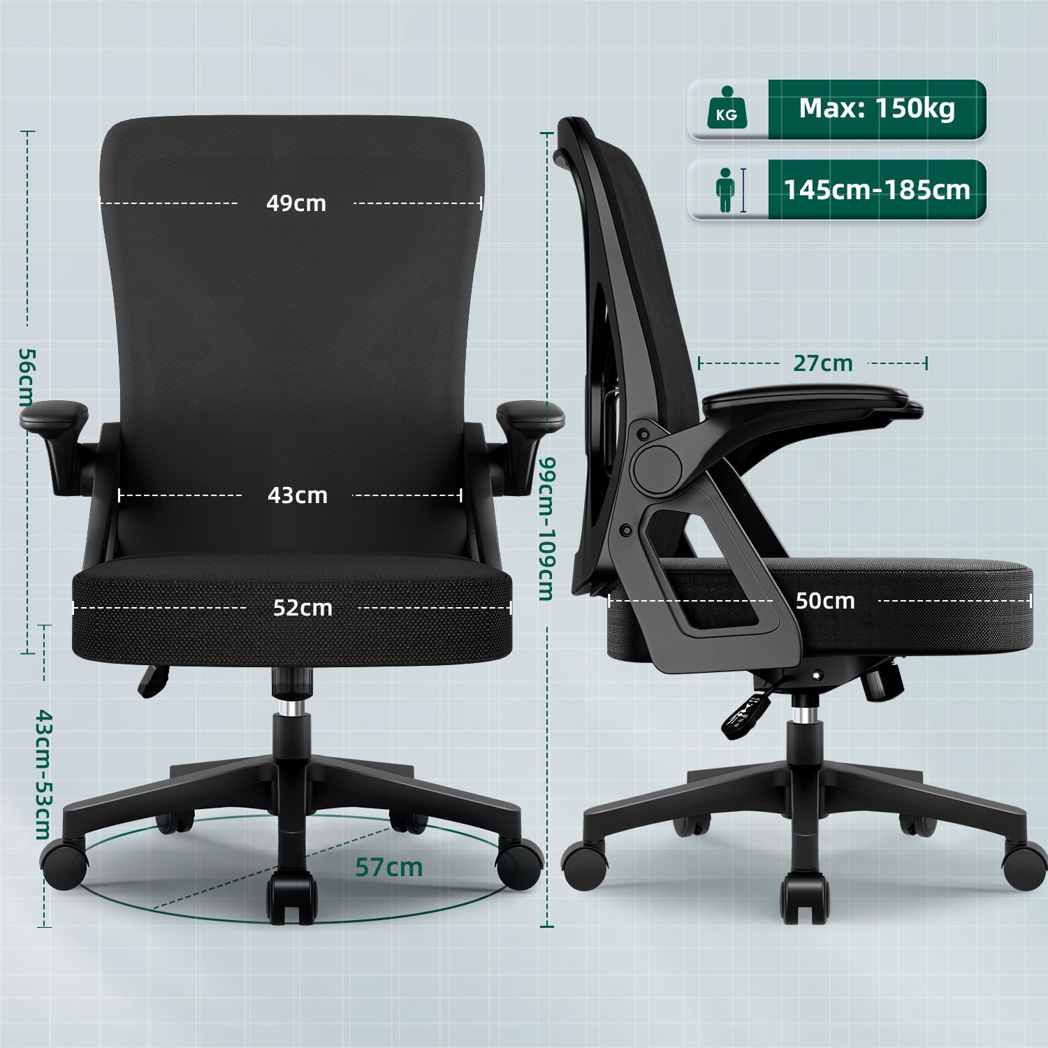 Bürostuhl Ergonomisch,Schreibtischstuhl mit Hochklappbaren Armlehnen,Einstellbare Lendenstütze,Höhenverstellbarer Chefsessel Drehstuhl,Netzstuhl mit Wippfunktion bis 125°,Schwarz