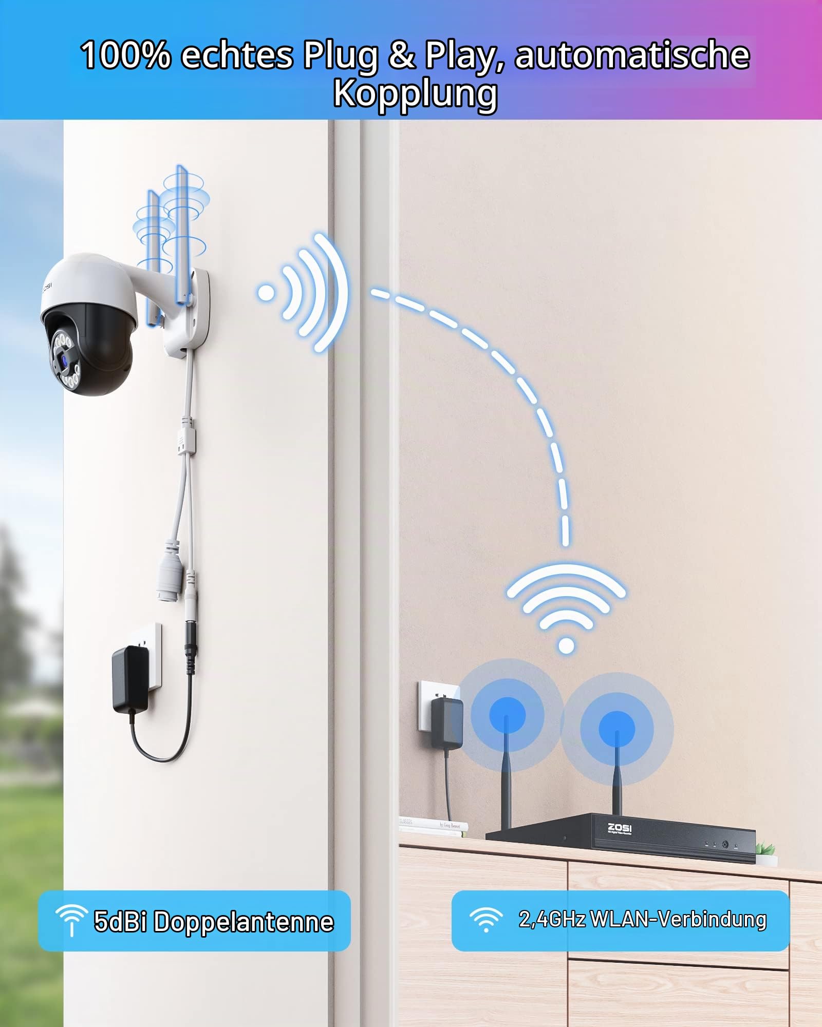 ZOSI 3MP Überwachungskamera Set WLAN Aussen, 4X Pan/Tilt IP Dome Kamera