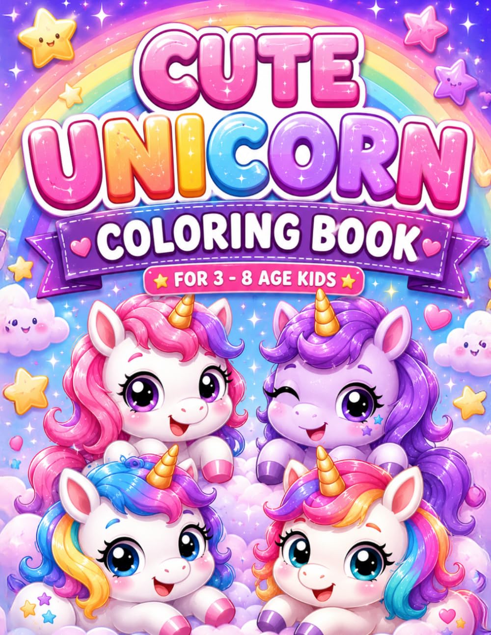 Cute Unicorn Coloring Book for Kids Ages 3–8: Fun and Easy Cute Unicorn Coloring Pages with Rainbows, Stars, Hearts, and Magical Friends