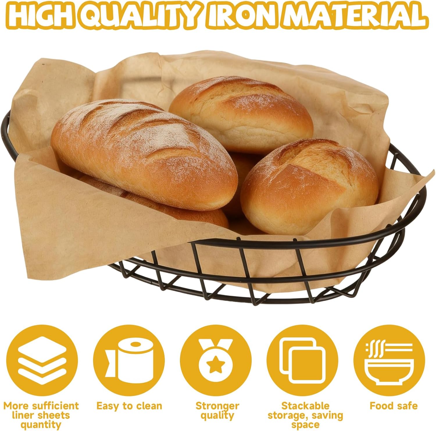 15 Pcs Wire Bread Basket, 9.5 x 6.2 x 2.1 Inch Inch Oval Metal Dinner Roll Baskets with 100 Deli Wrapper Paper, Metal Fast Food Oval Baskets for Restaurant Kitchen Fast Food