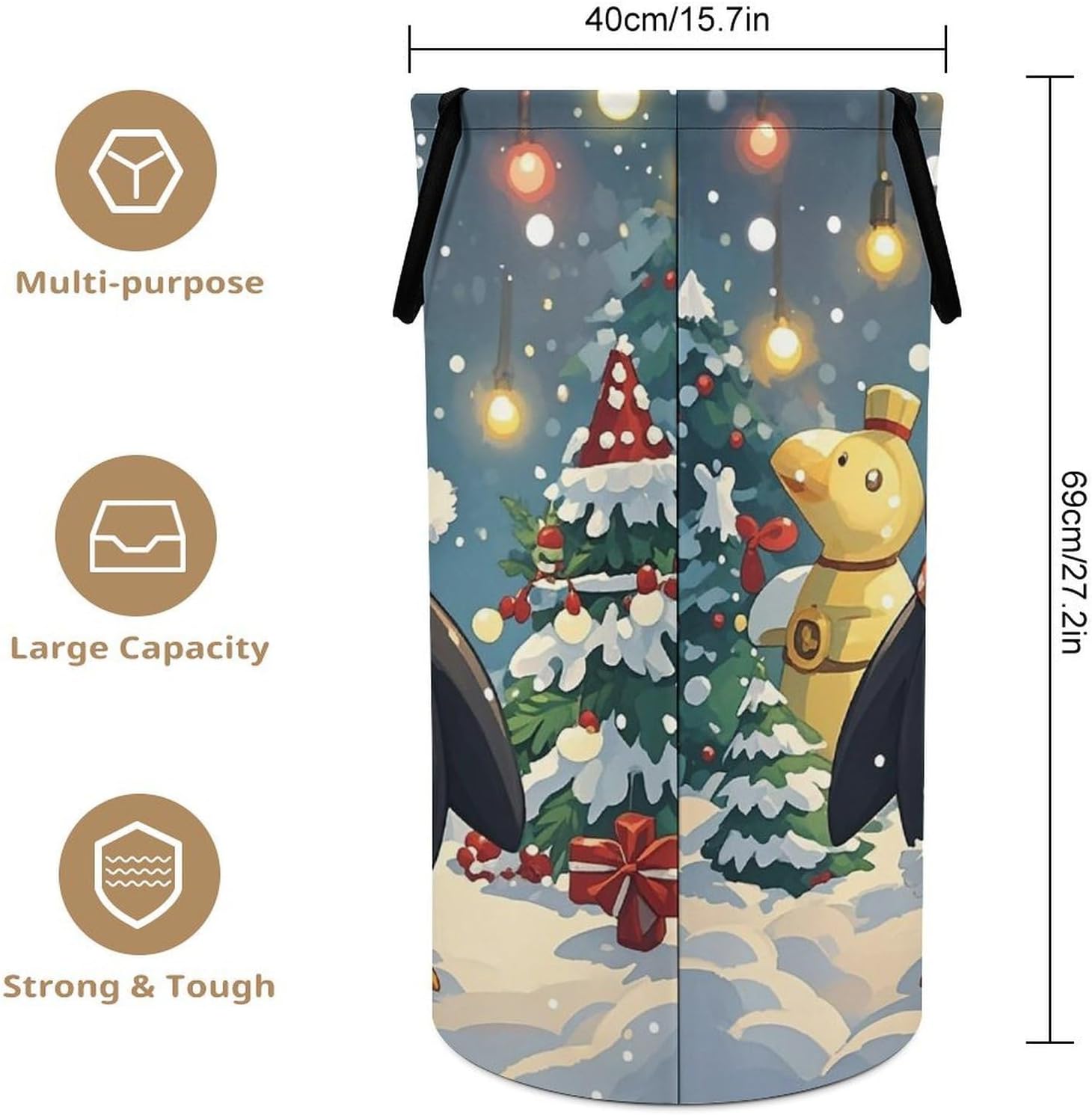 Christmas Funny Penguin Laundry Hamper with Handles Freestanding Large Laundry Basket Collapsible Clothes Hamper Waterproof Clothes Basket for Family Bathroom Decor Storage 86L