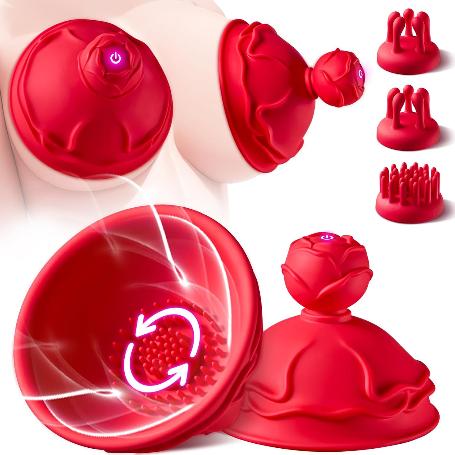 Rose Toy Nipple Vibrator Sex Toys, 2 Pack Nipple Toys with 10 Rotating & Vibration Modes, 3 Interchangeable Rotating Heads, Silicone Nipple Sucker Clitoral Stimulator for Women & Couples Pleasure