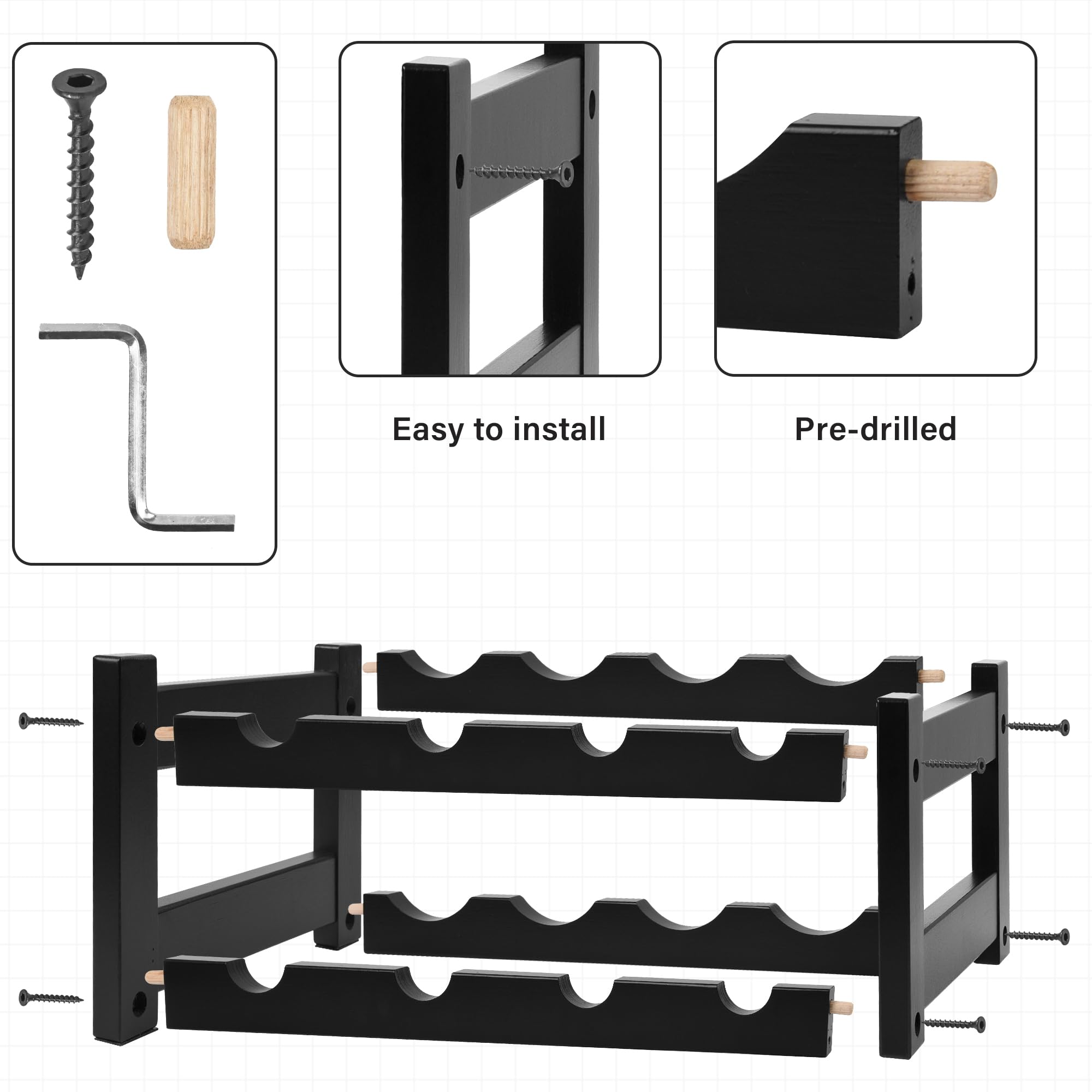 VASMIA Botellero de bambú, Soporte para 8 Botellas, estantes de Almacenamiento Independientes de 2 Niveles para Cocina, despensa, Bodega Bar,Negro - 5