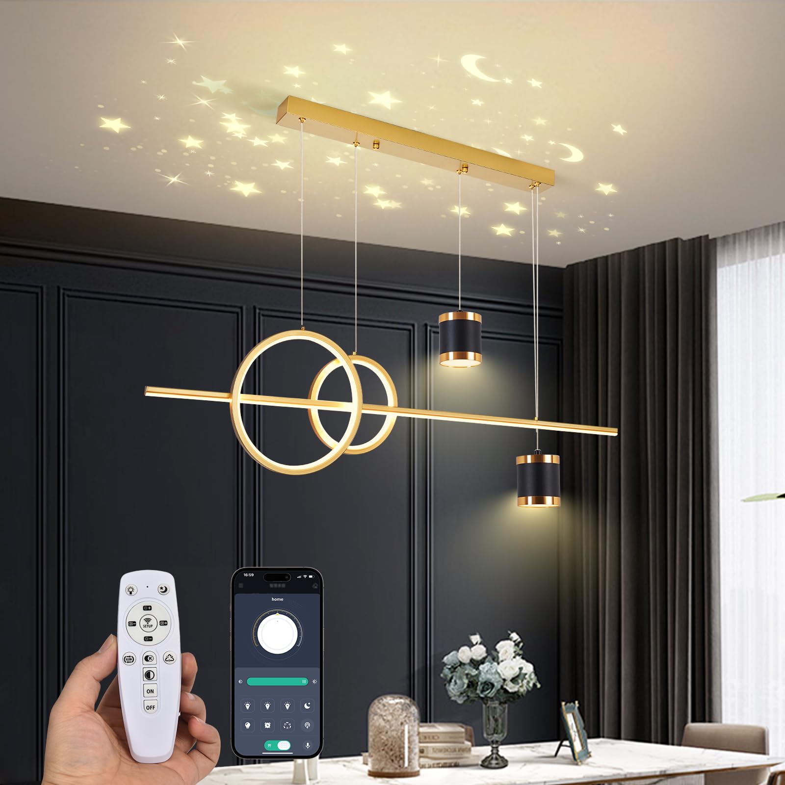 RRBEST Moderna lampada a sospensione LED Tavolo da pranzo, lampada a sospensione dimmerabile per soggiorno, lampada regolabile per sala da pranzo per sala da pranzo cucina isola soggiorno